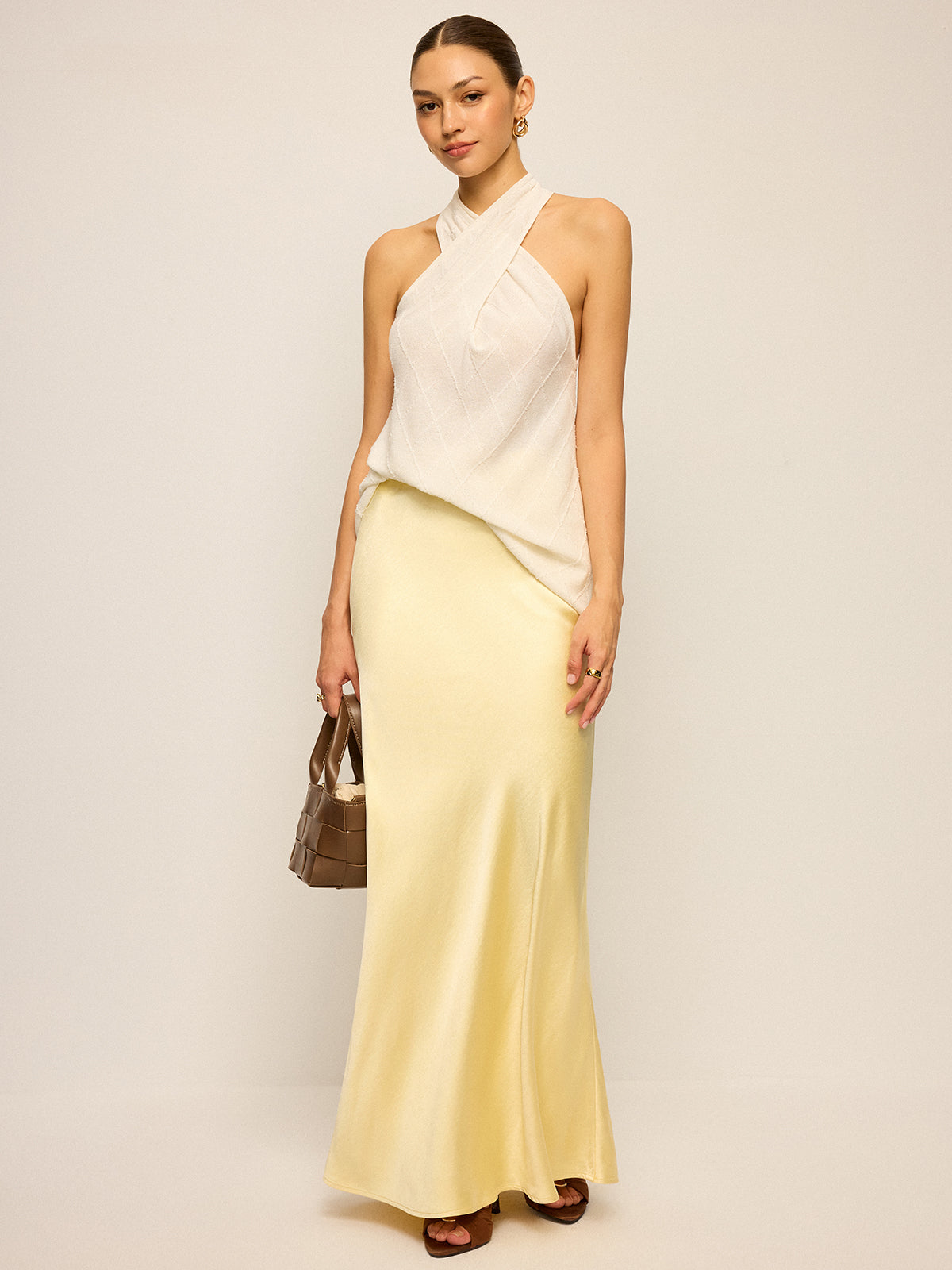 Halter Neck Knit Top with Cross-Strap Neckline-Chicvia