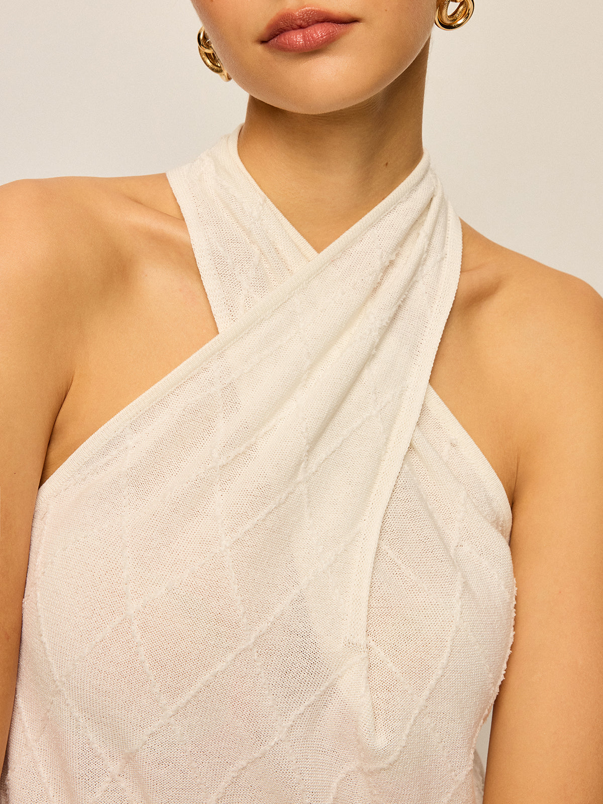 Halter Neck Knit Top with Cross-Strap Neckline-Chicvia