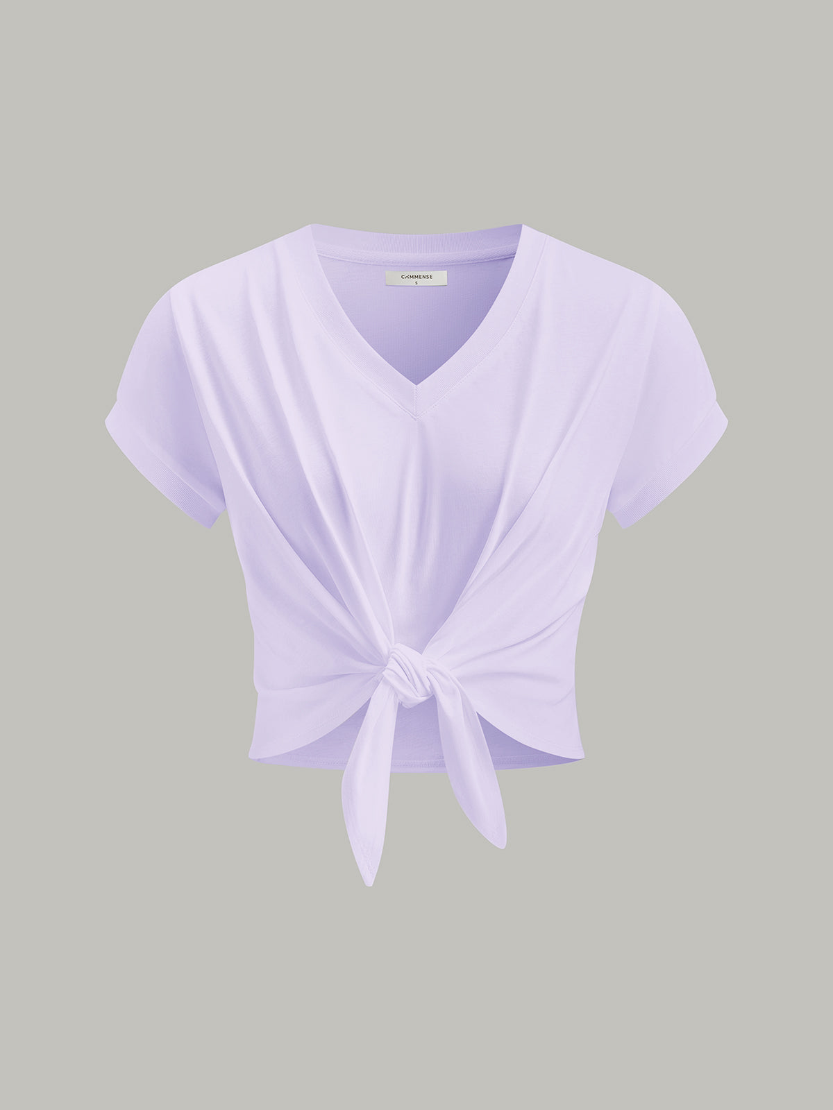 Knot Front V-Neck T-Shirt-Chicvia