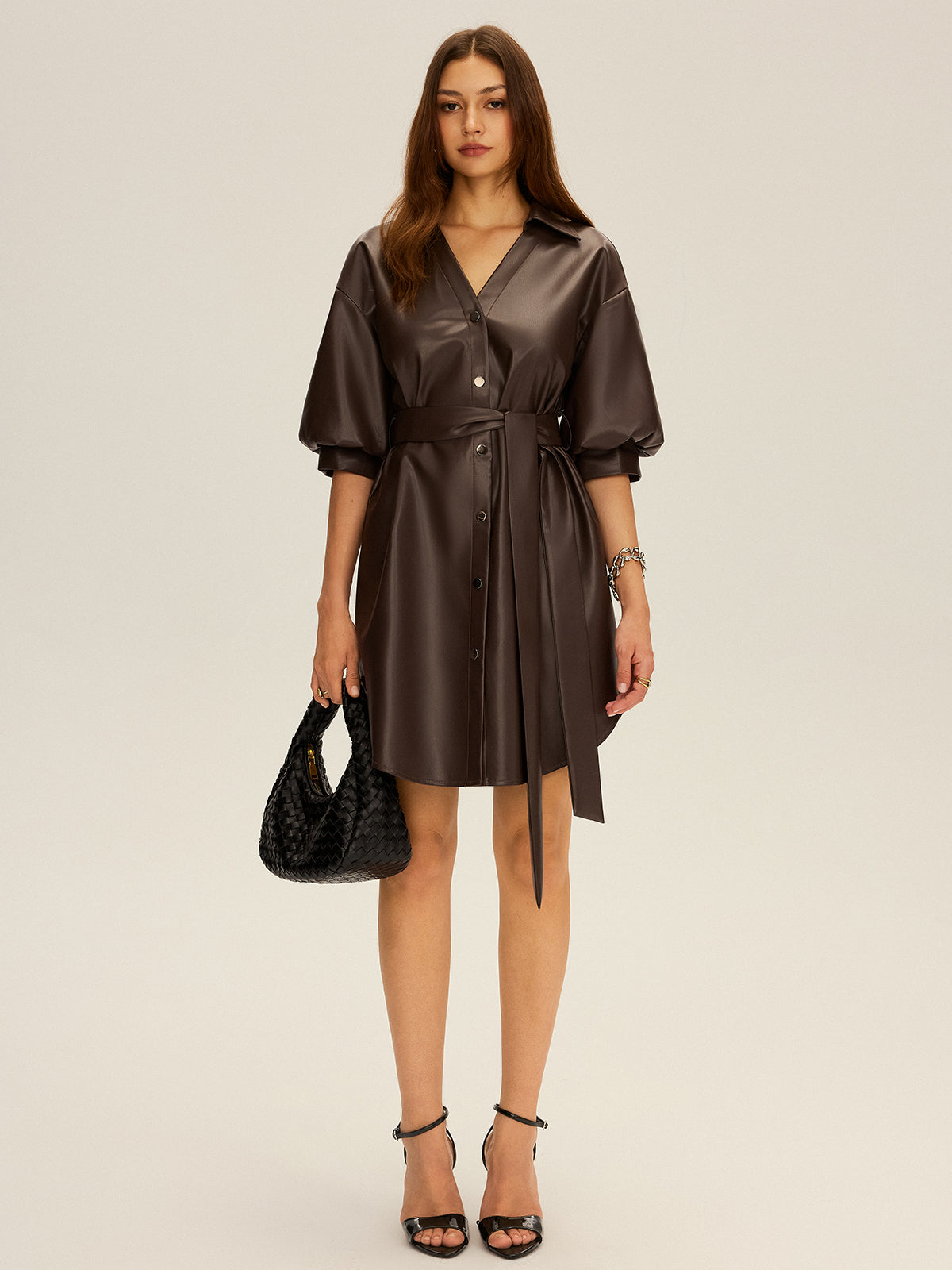 Faux Leather V-Neck Belted Mini Dress-Chicvia