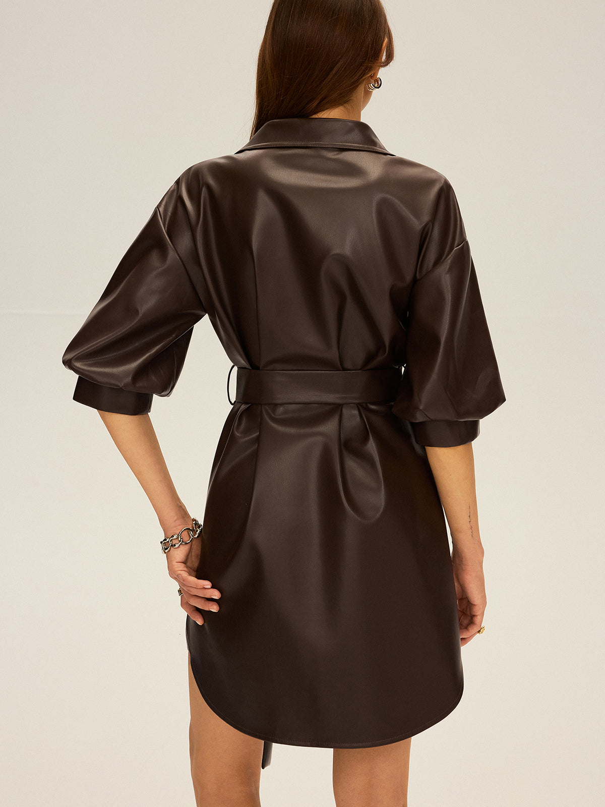 Faux Leather V-Neck Belted Mini Dress-Chicvia