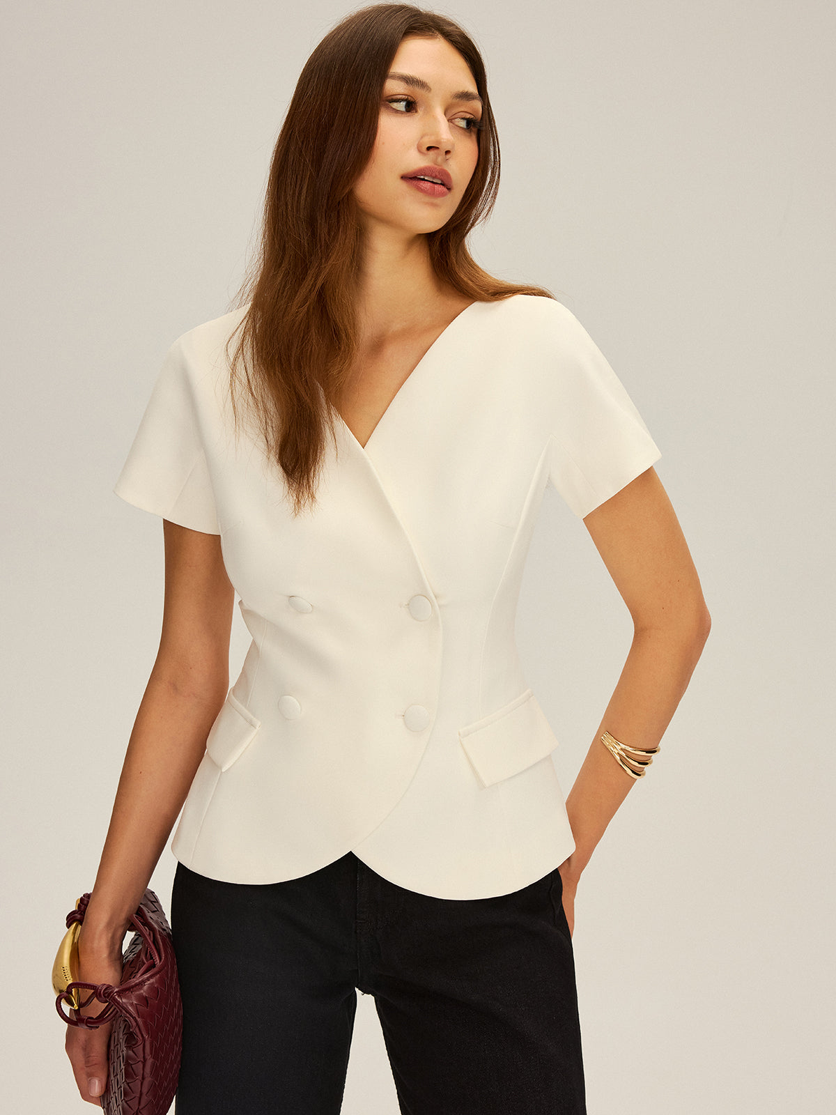 Double-Breasted Short-Sleeve Blazer-Chicvia