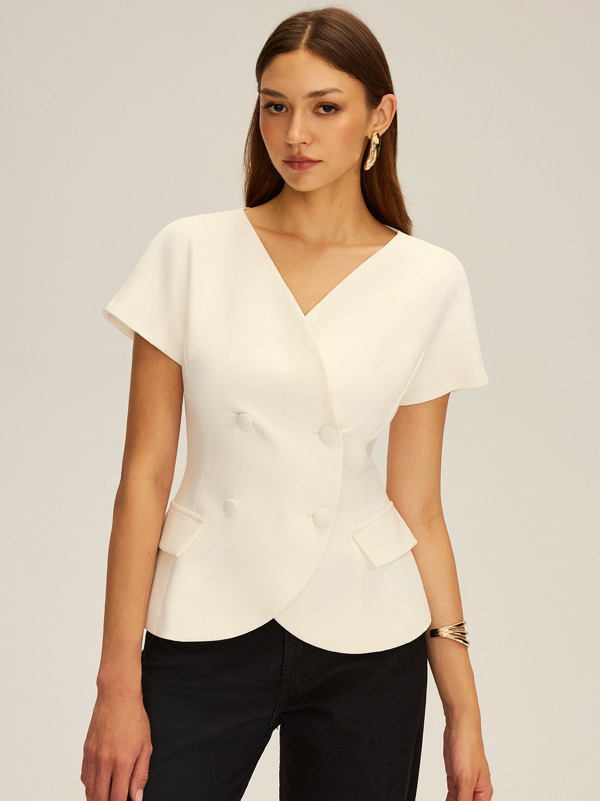 Double-Breasted Short-Sleeve Blazer-Chicvia