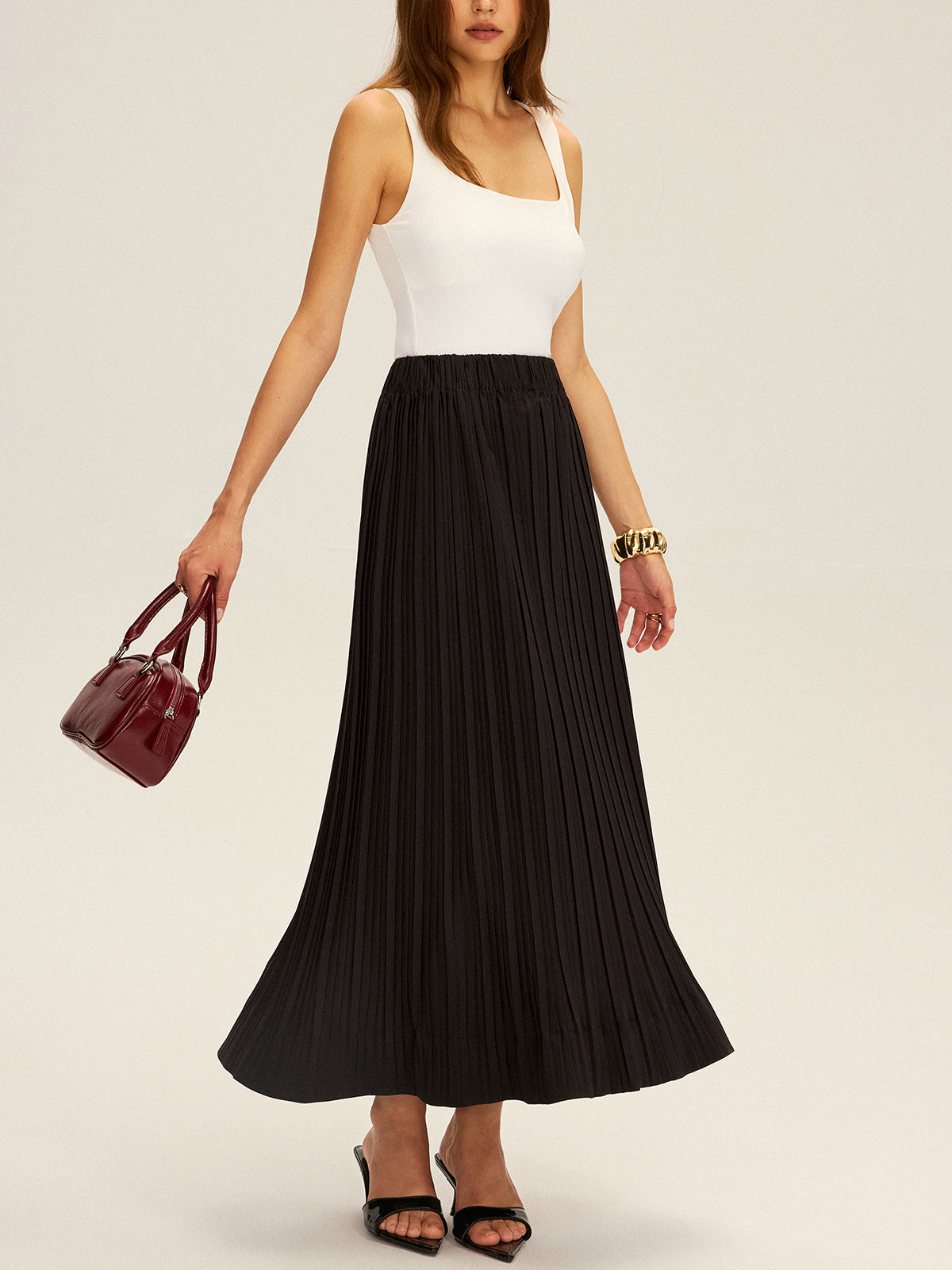Pleated Elastic Waist Maxi Skirt-Chicvia