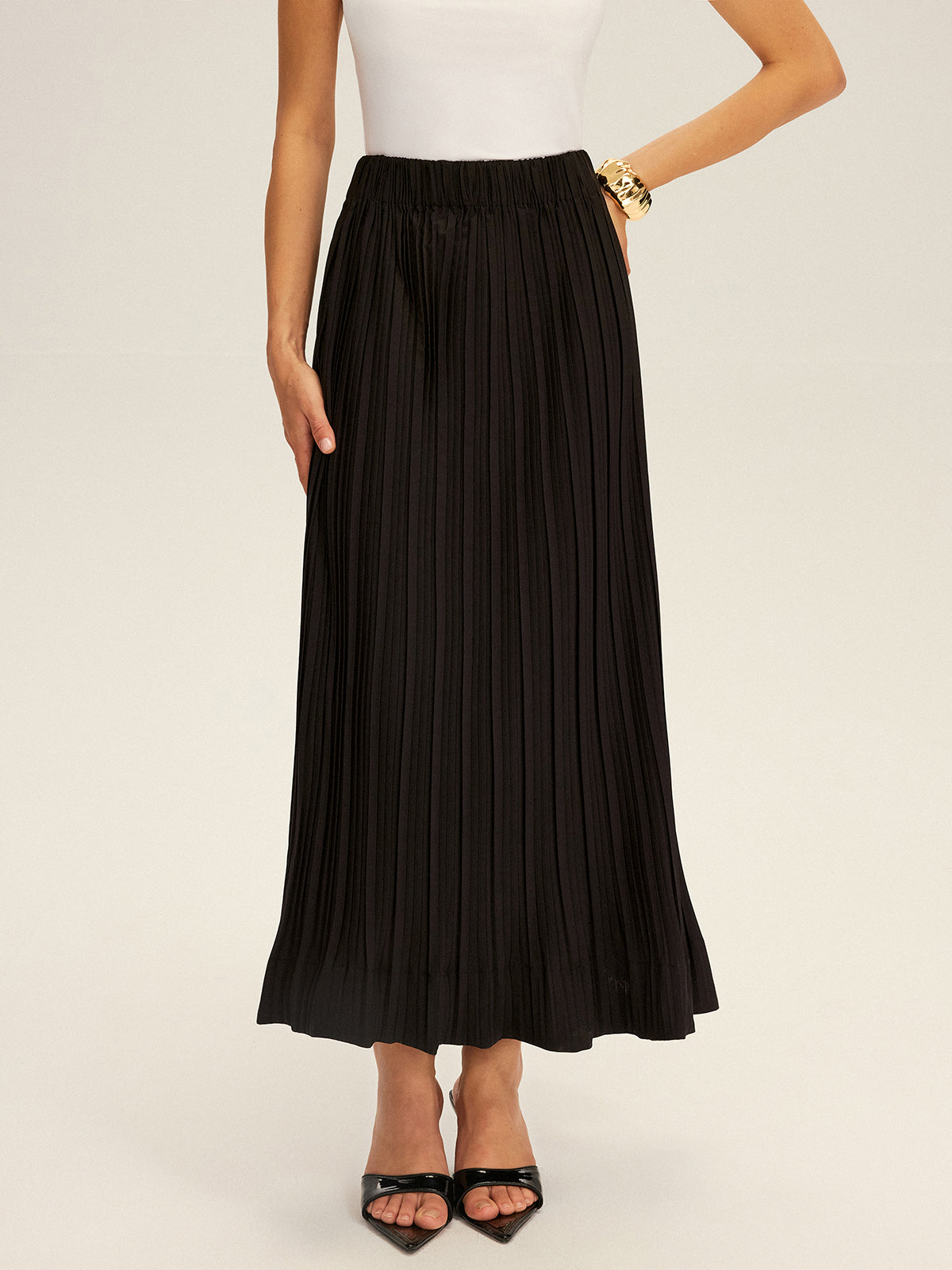 Pleated Elastic Waist Maxi Skirt-Chicvia