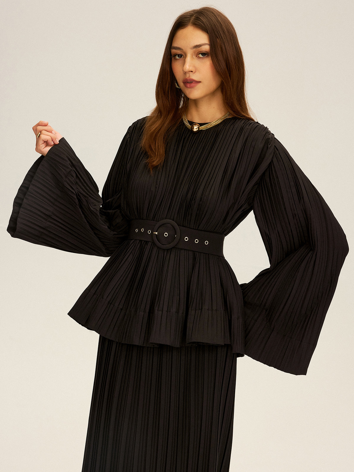 Pleated Bell Sleeve Belted Peplum Blouse-Chicvia