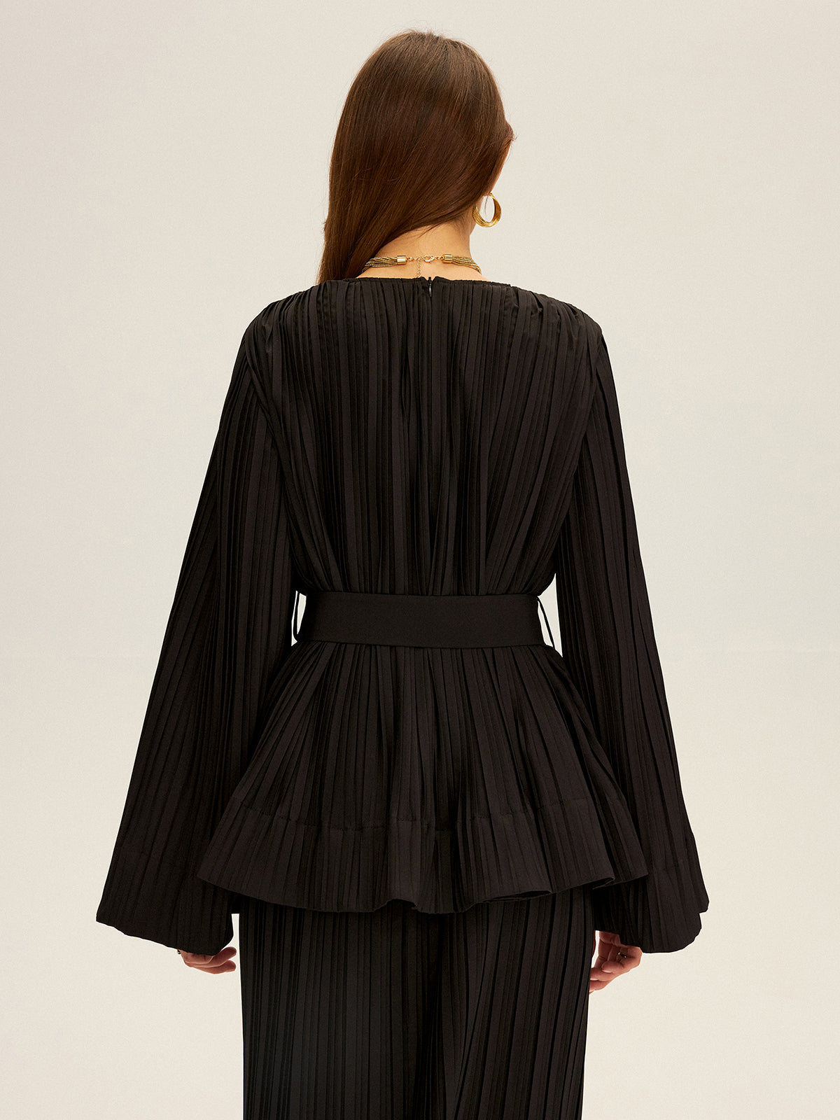 Pleated Bell Sleeve Belted Peplum Blouse-Chicvia