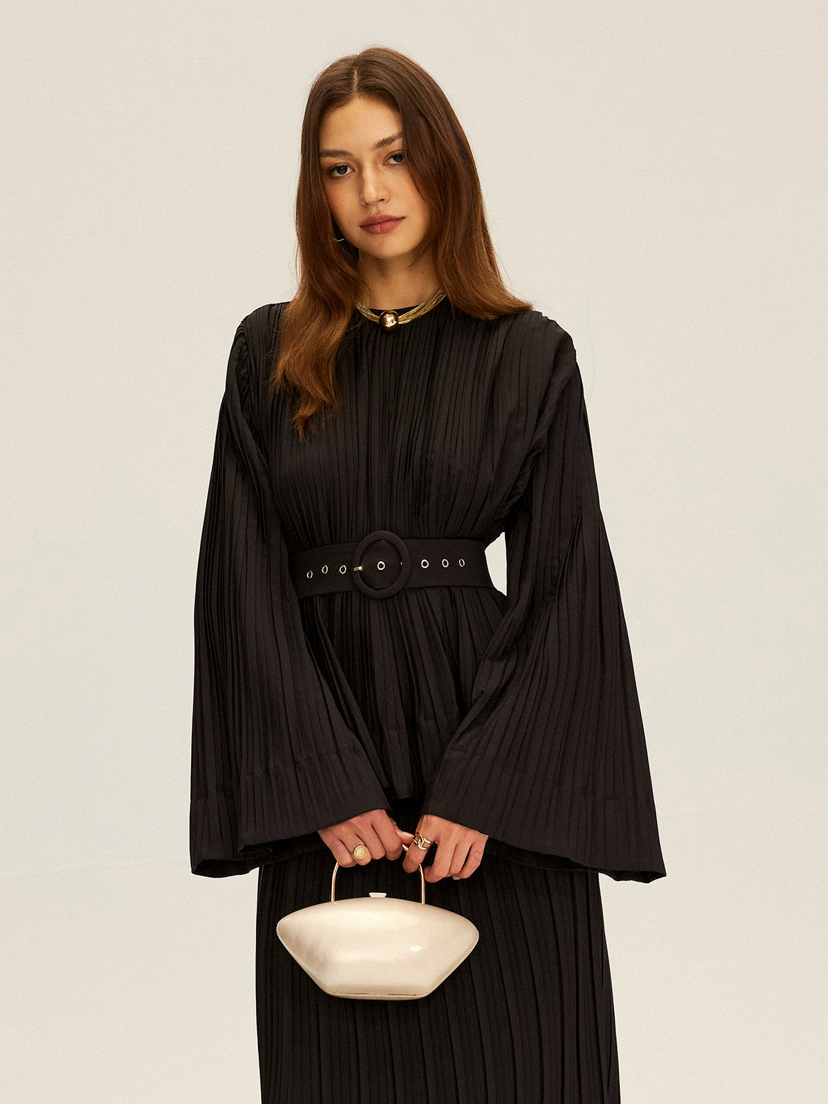Pleated Bell Sleeve Belted Peplum Blouse-Chicvia