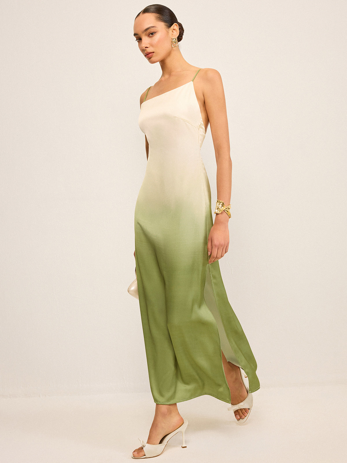 Gradient Asymmetrical Strap Maxi Dress-Chicvia