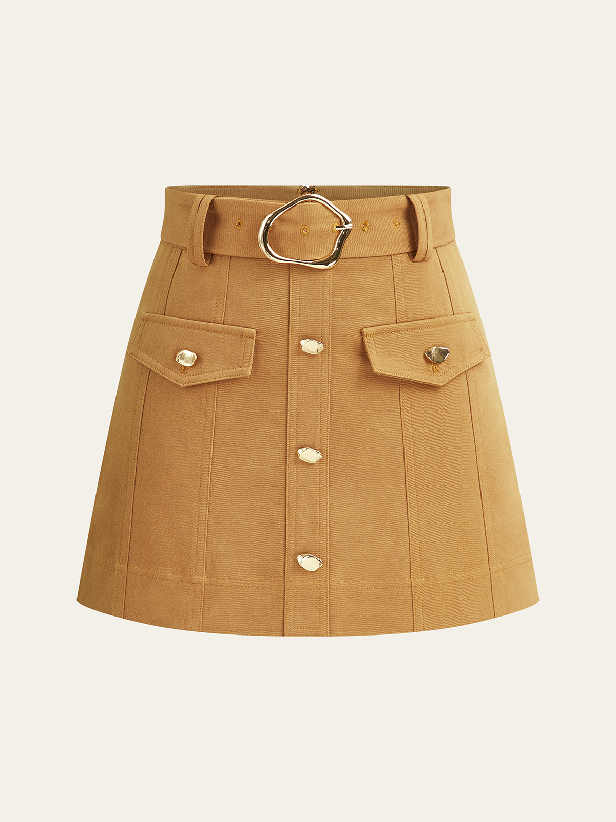 Metal Button Belted Mini Skirt with Decor Pocket-Chicvia