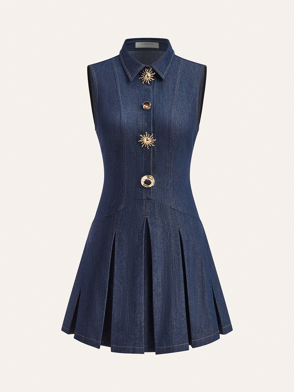 Denim Sleeveless Pleated Shirt Dress-Chicvia