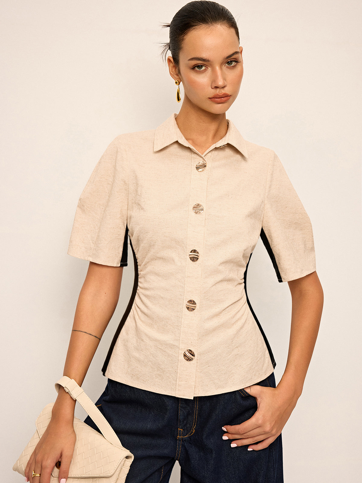 Cotton & Linen Contrast Trim Ruched Shirt-Chicvia
