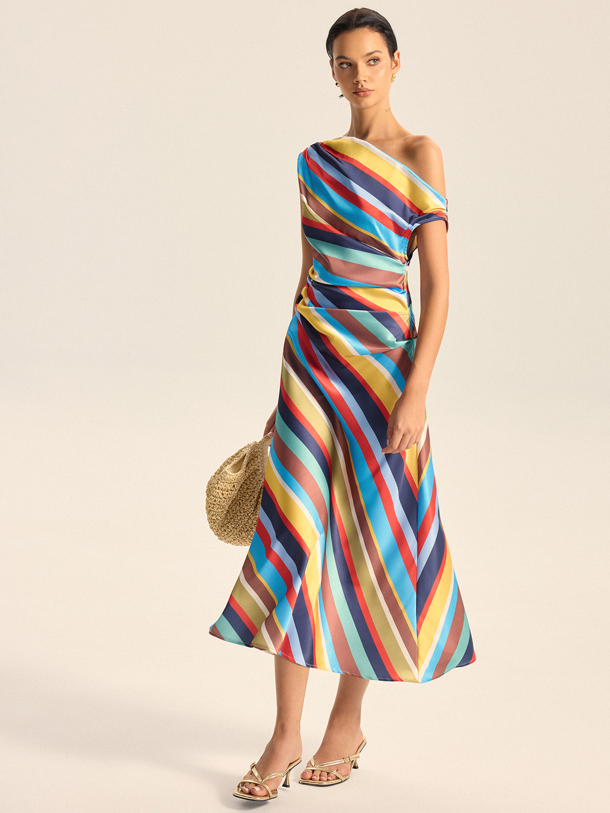 Colorful Striped One-Shoulder Maxi Dress-Chicvia
