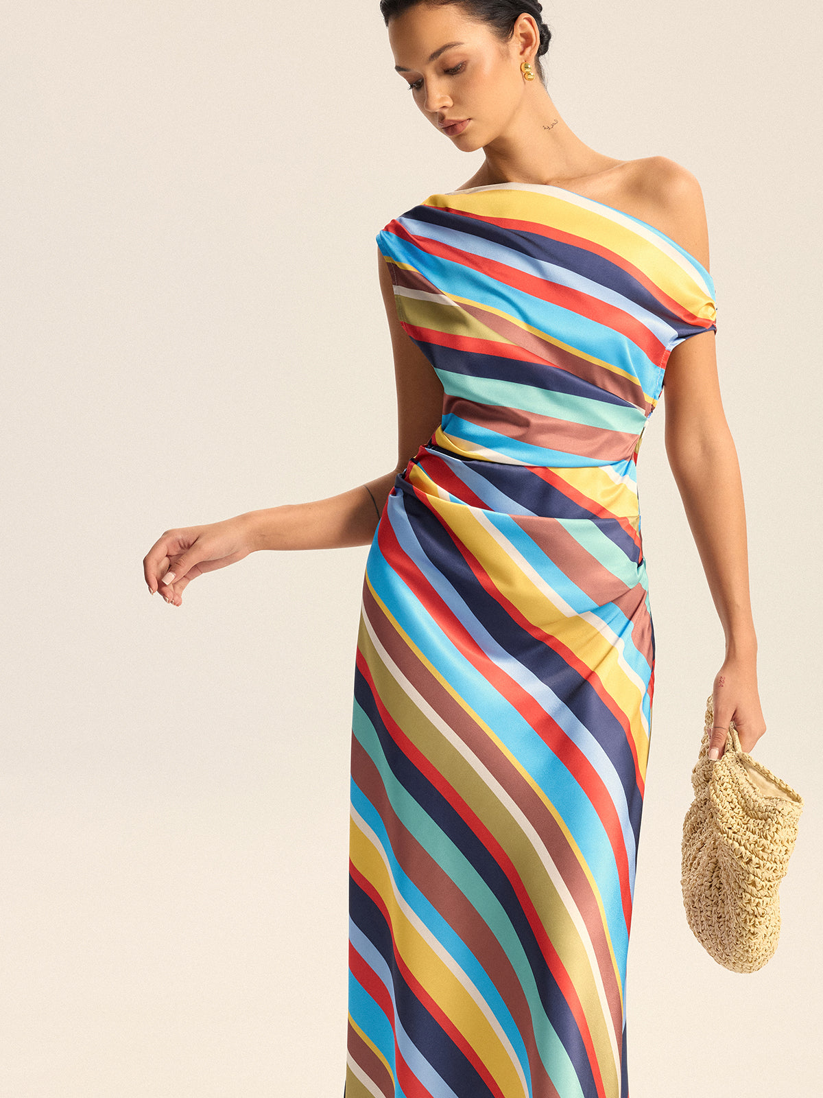 Colorful Striped One-Shoulder Maxi Dress-Chicvia