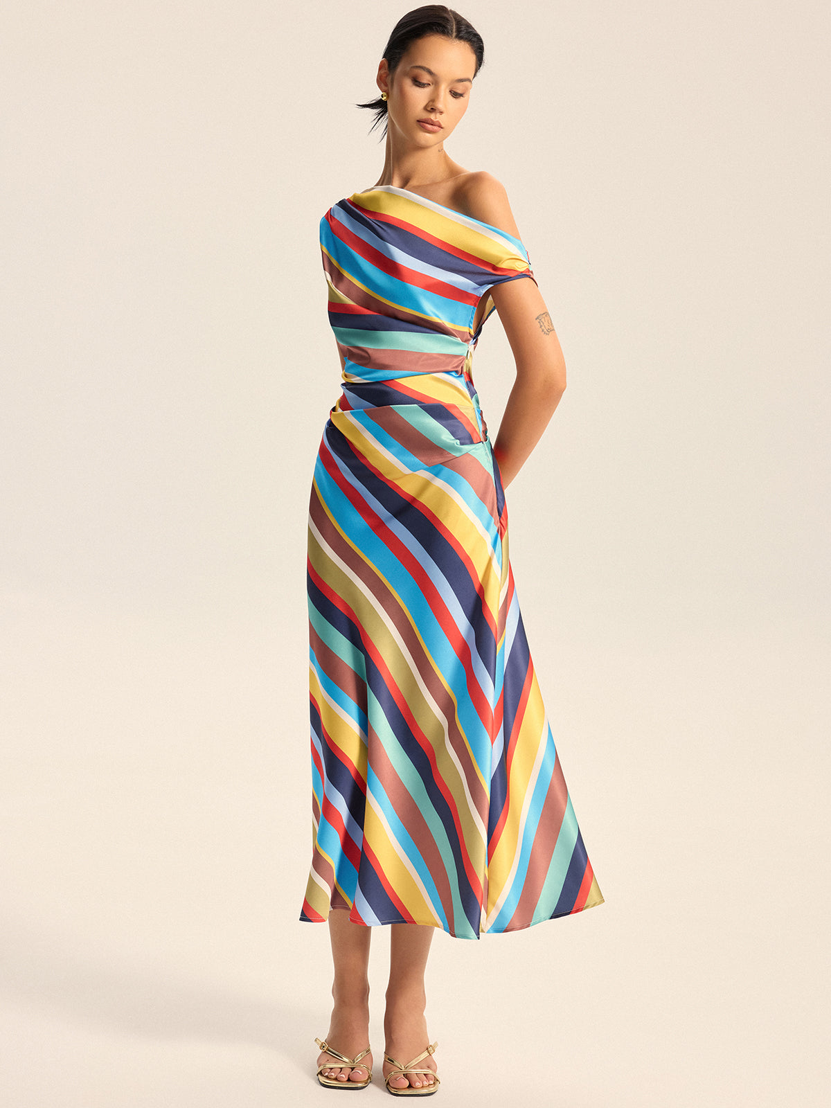 Colorful Striped One-Shoulder Maxi Dress-Chicvia