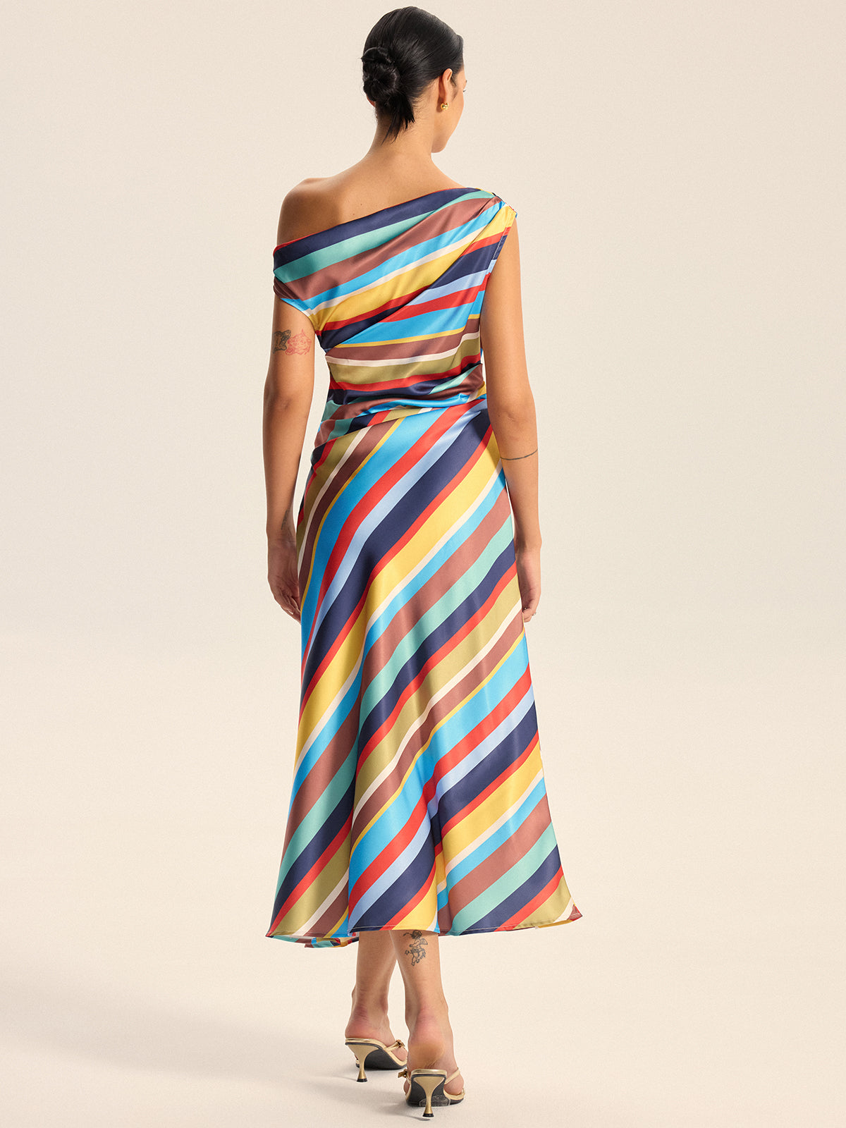 Colorful Striped One-Shoulder Maxi Dress-Chicvia
