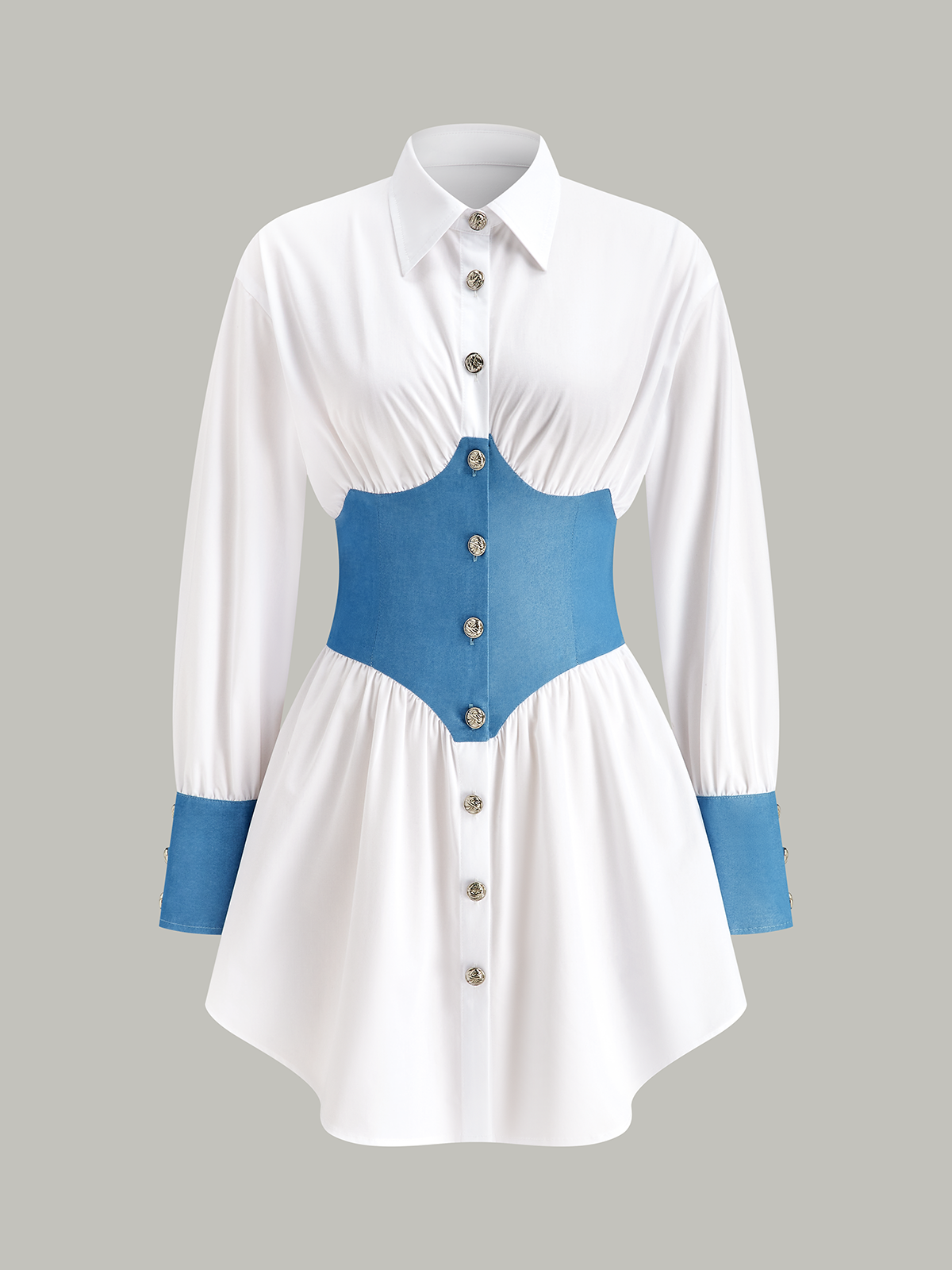 Contrast Panel Button Shirt Dress-Chicvia