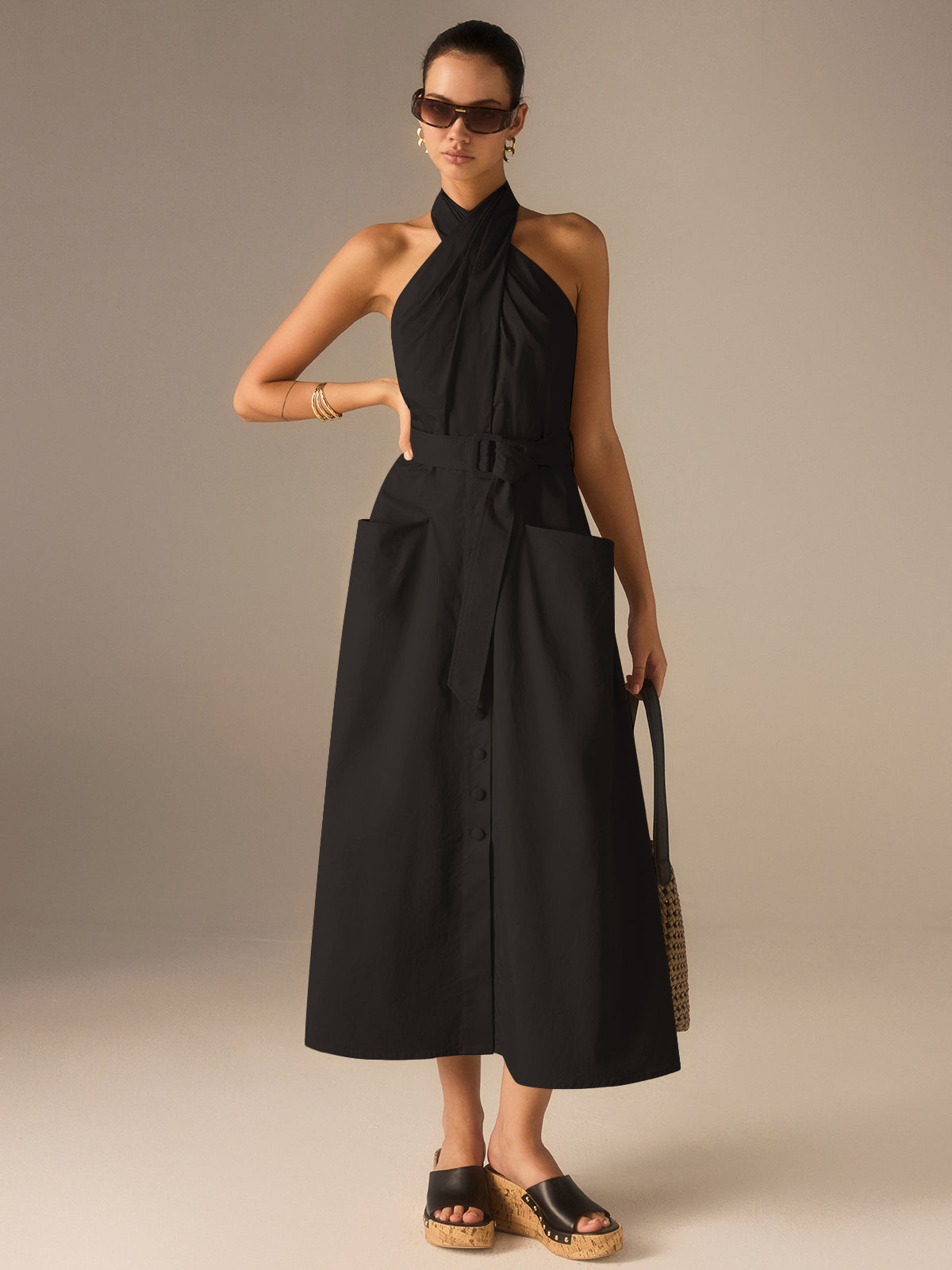 Cotton Pleated Halter Neck Belted Midi Dress-Chicvia