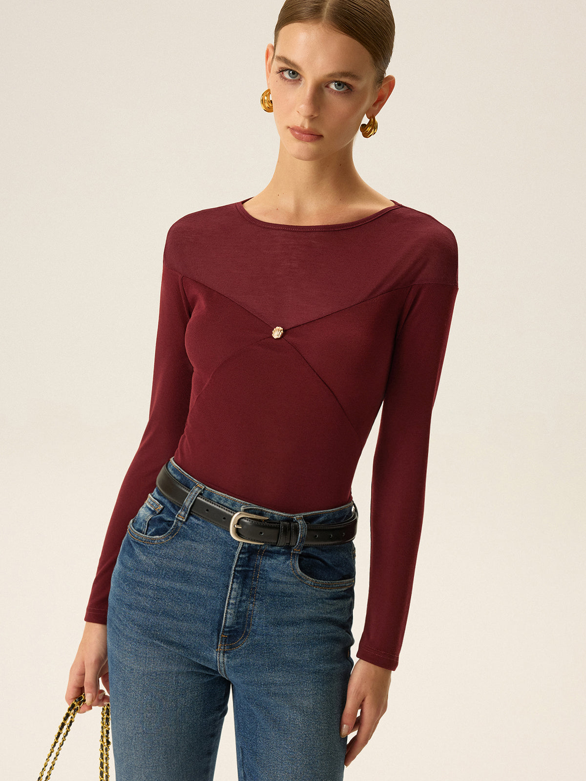 Metal Shell Detail Long Sleeve Top-Chicvia