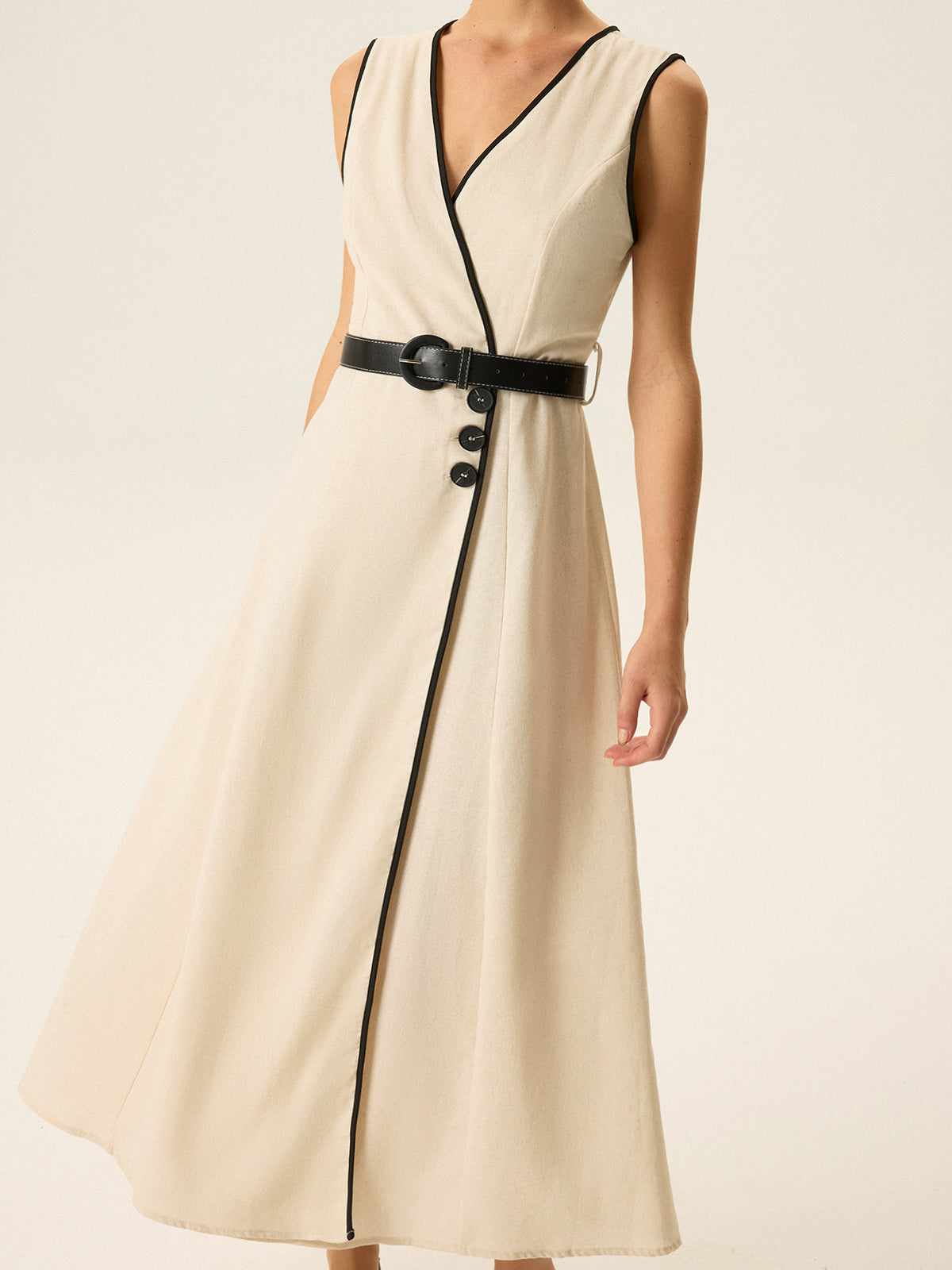 Contrast Trim Belted Midi Dress-Chicvia