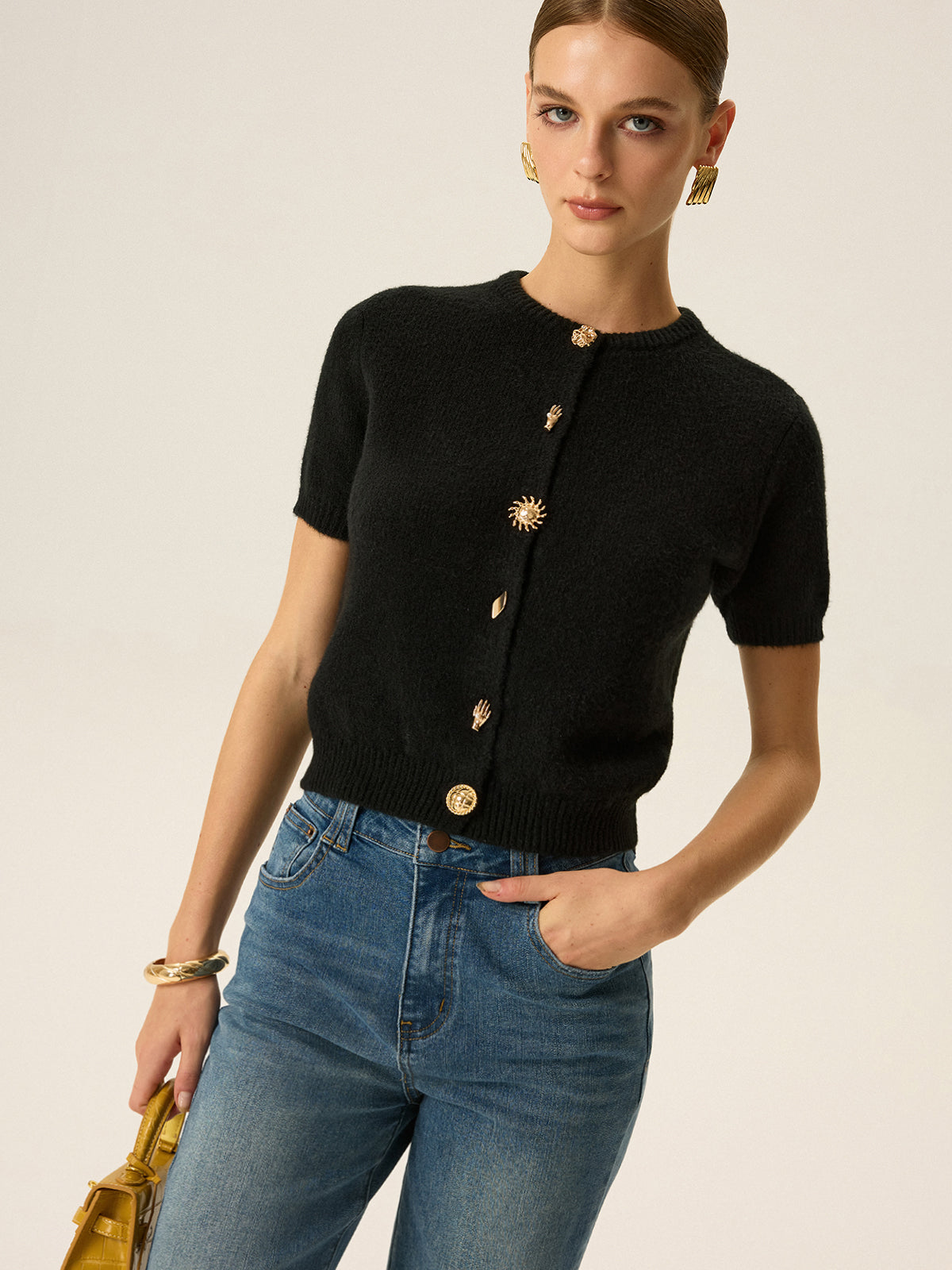 Metal Detail Knit Cardigan-Chicvia