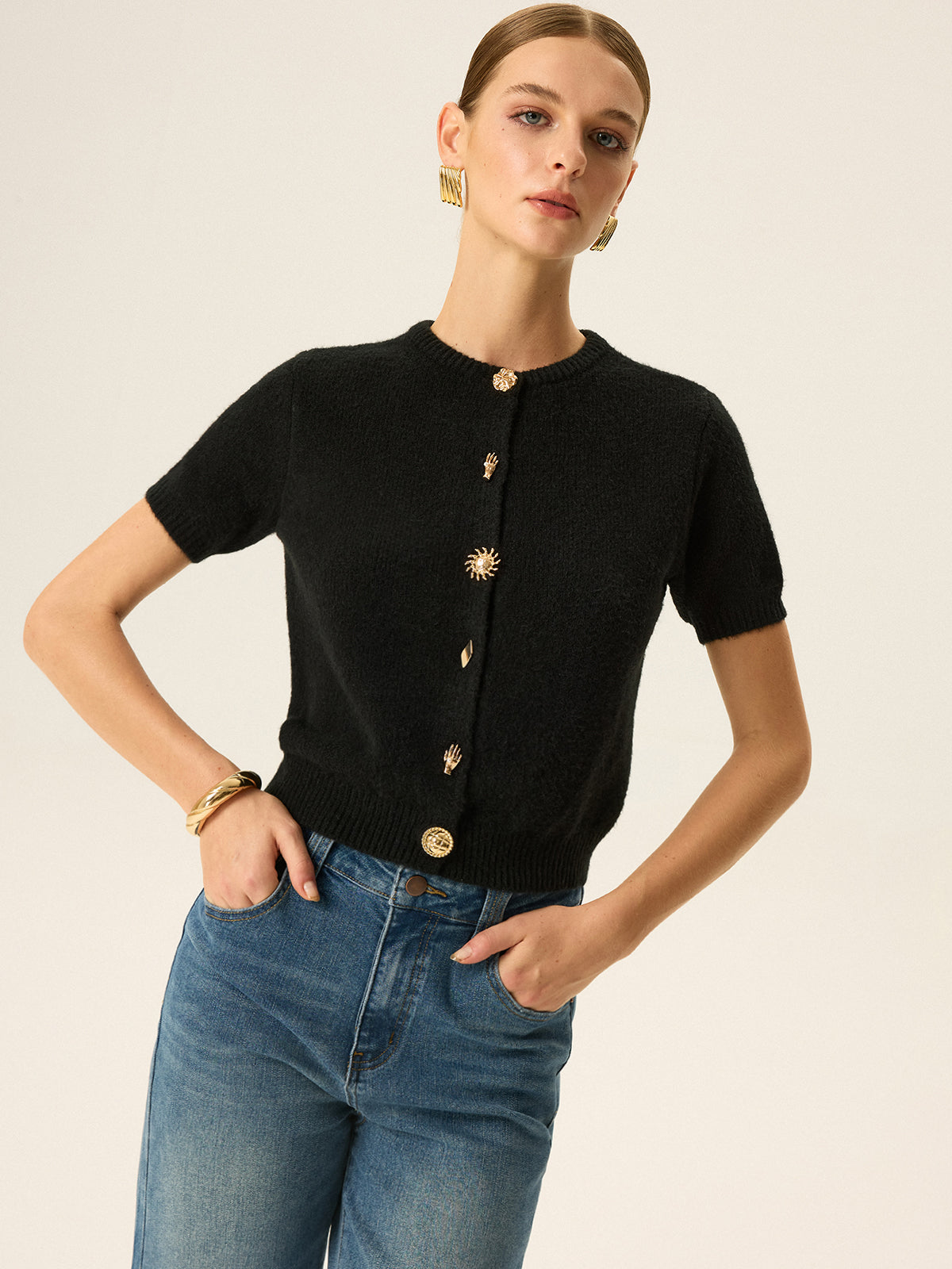 Metal Detail Knit Cardigan-Chicvia