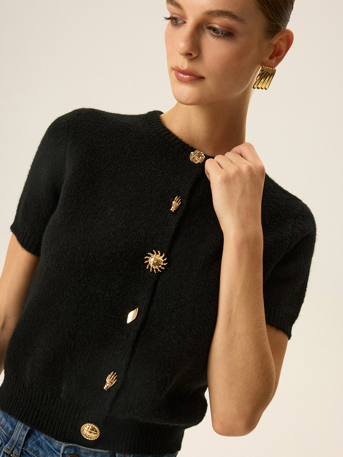 Metal Detail Knit Cardigan-Chicvia