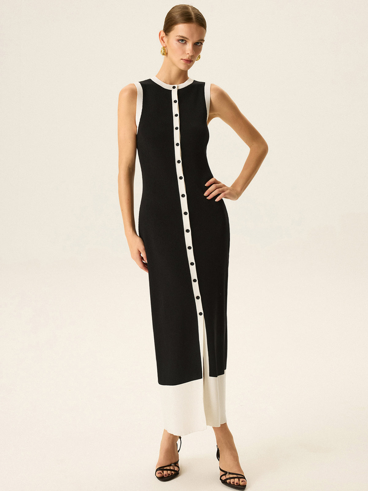 Contrast Trim Button Maxi Dress-Chicvia