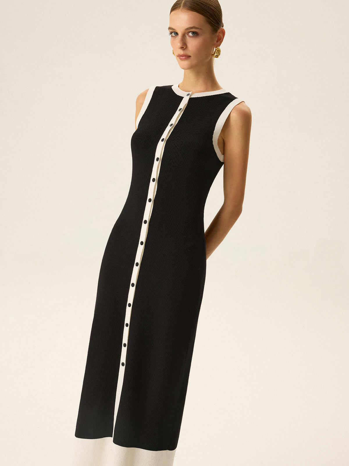 Contrast Trim Button Maxi Dress-Chicvia