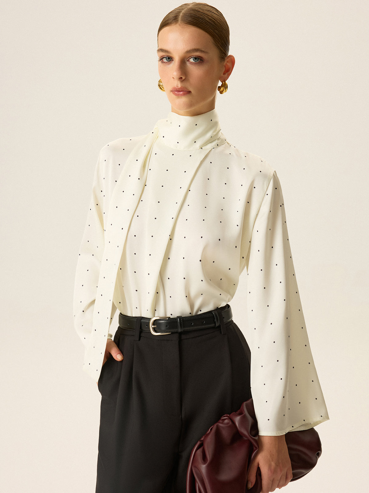 Polka Dot Satin High-Neck Blouse-Chicvia