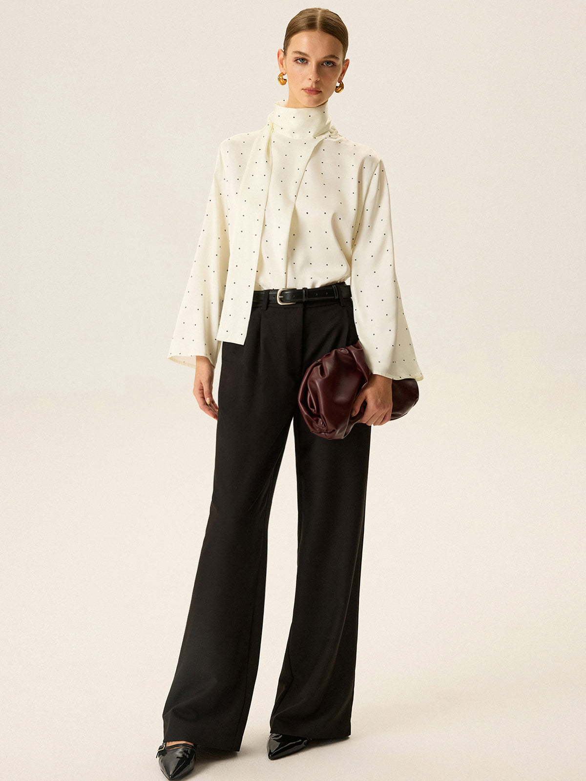 Polka Dot Satin High-Neck Blouse-Chicvia