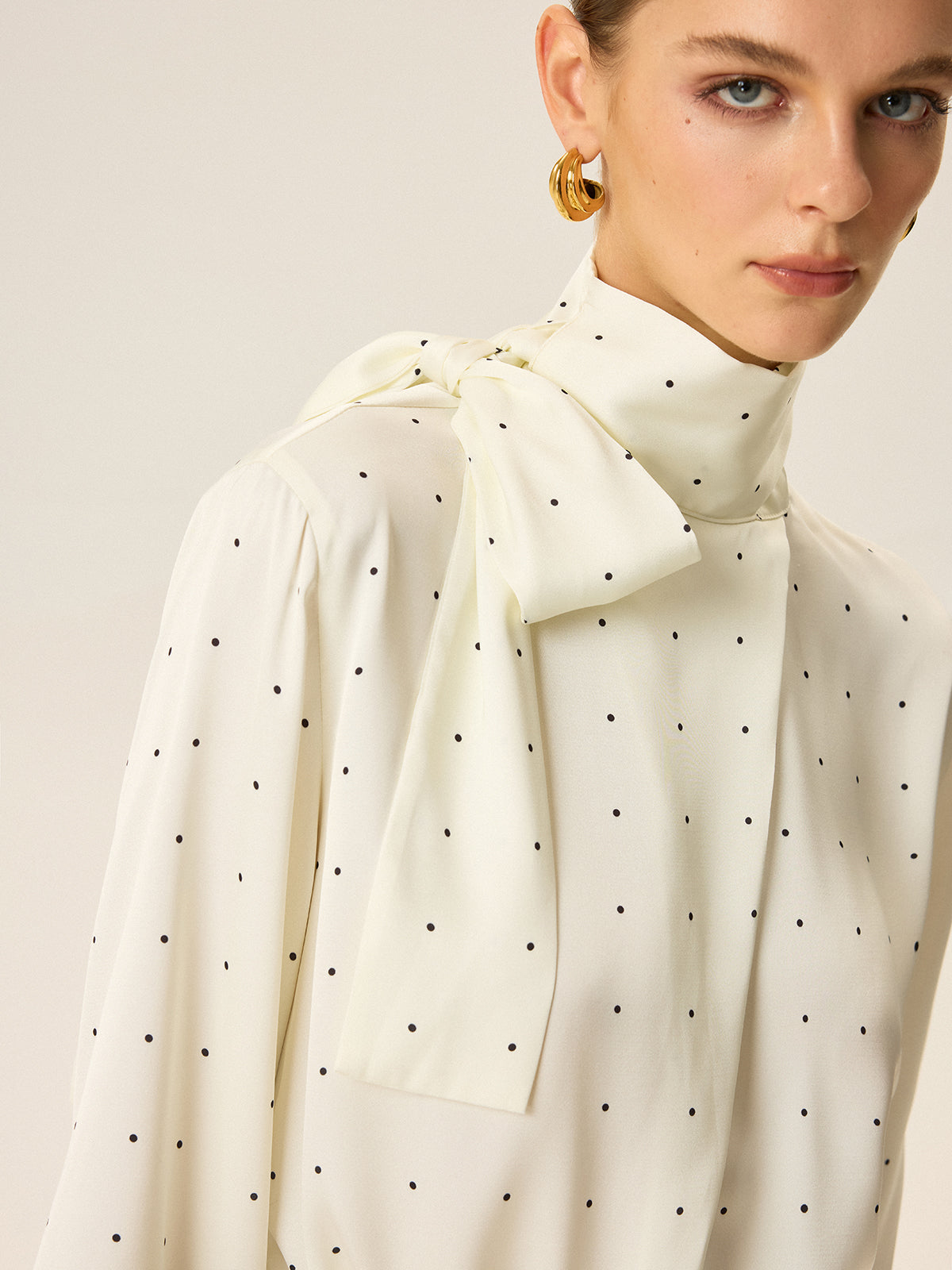 Polka Dot Satin High-Neck Blouse-Chicvia