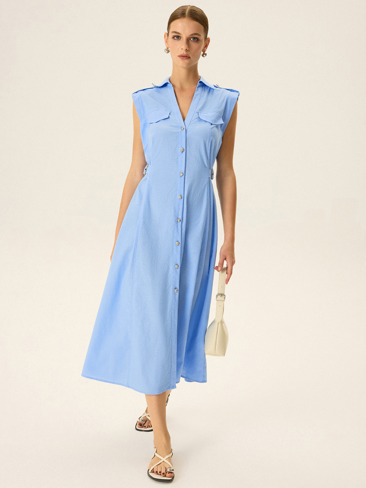 Linen & Cotton V-Neck Midi Dress with Metal Button-Chicvia