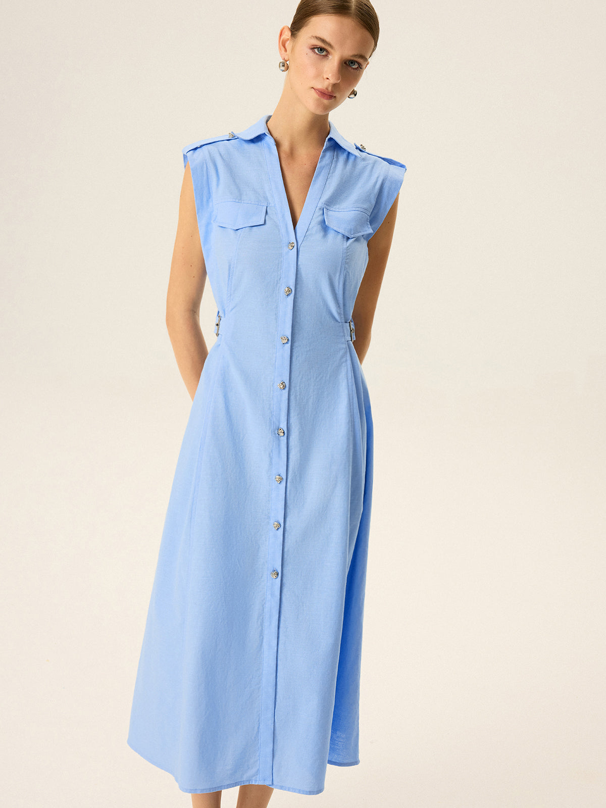 Linen & Cotton V-Neck Midi Dress with Metal Button-Chicvia