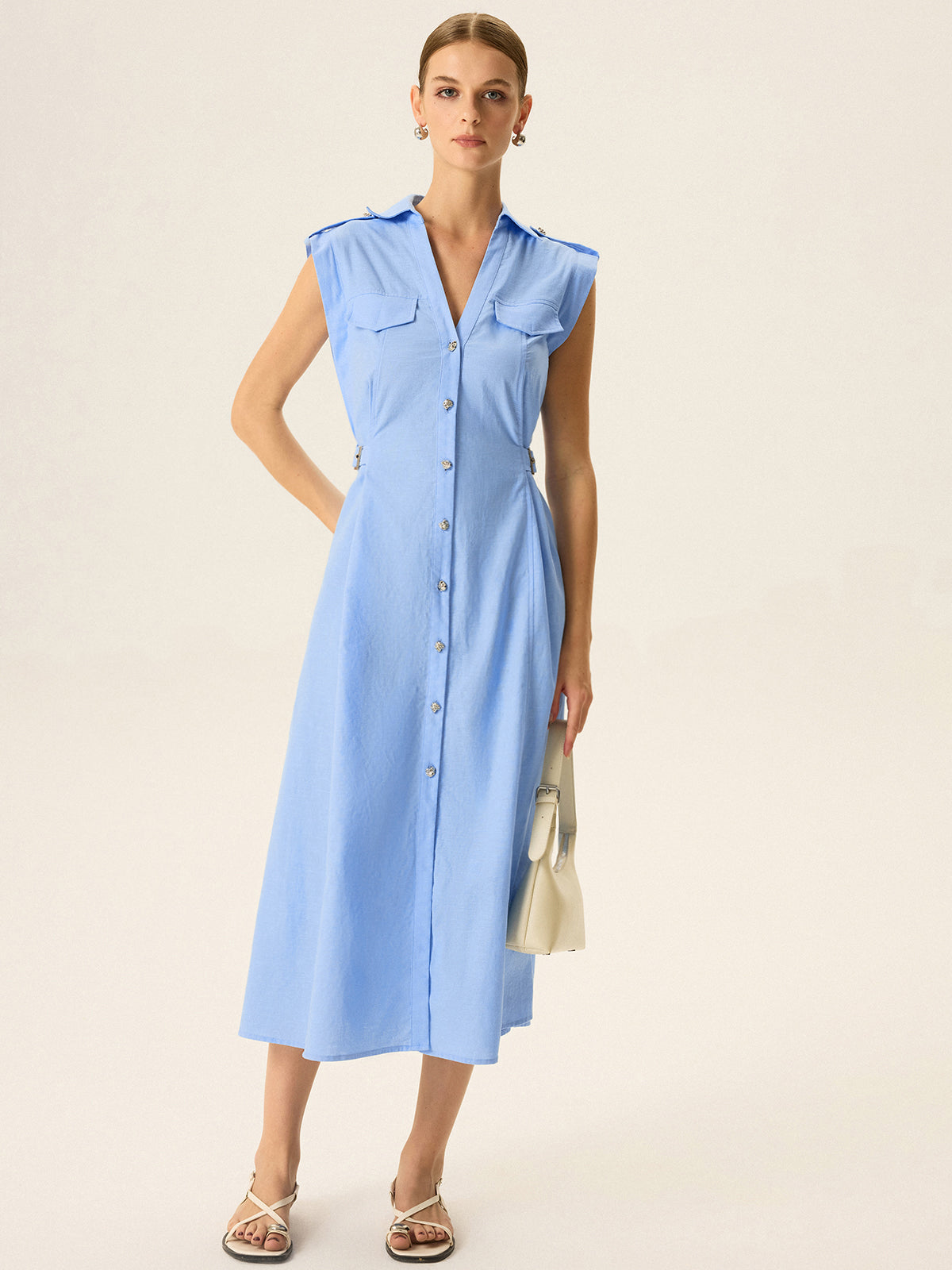 Linen & Cotton V-Neck Midi Dress with Metal Button-Chicvia