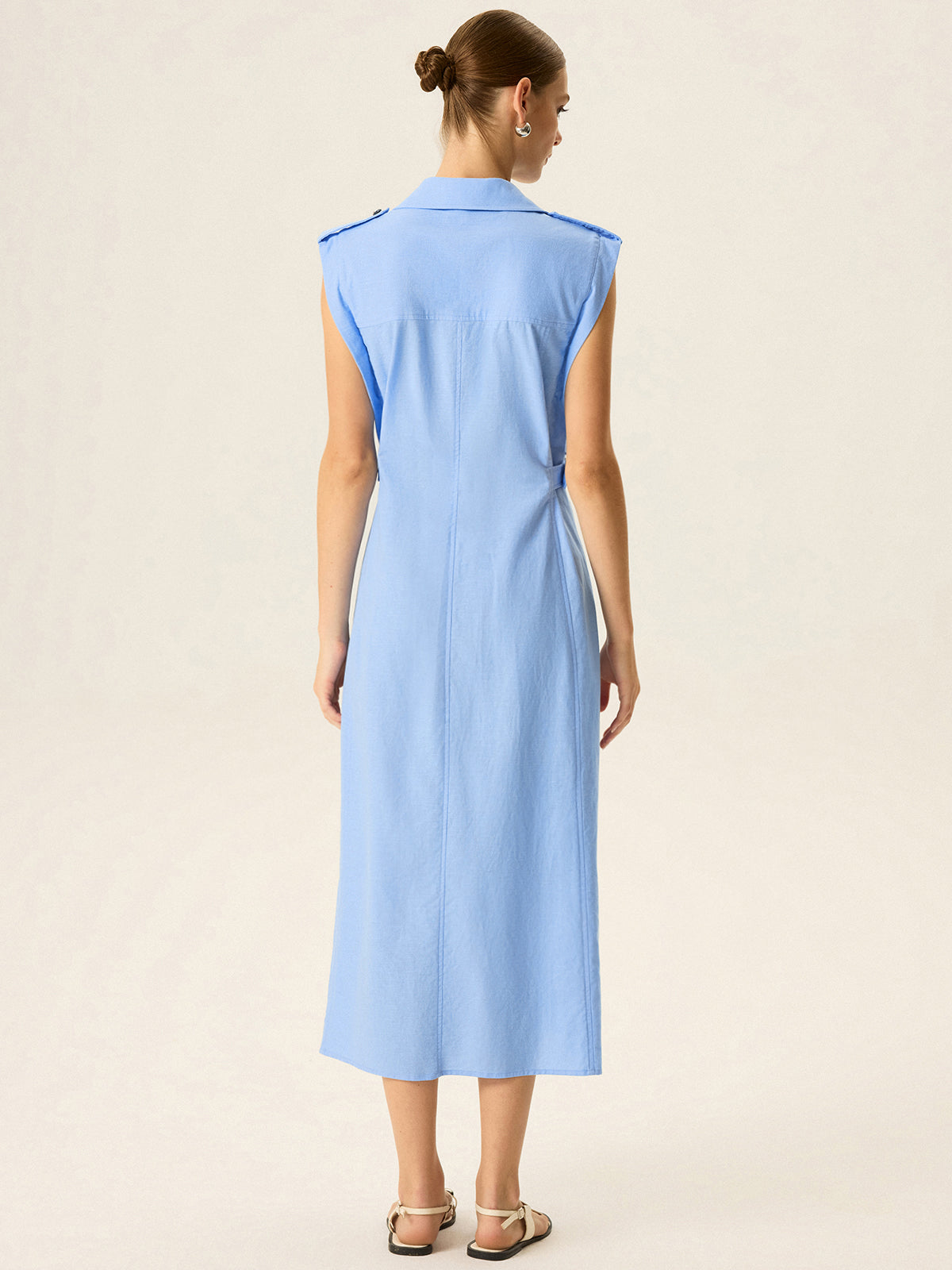 Linen & Cotton V-Neck Midi Dress with Metal Button-Chicvia