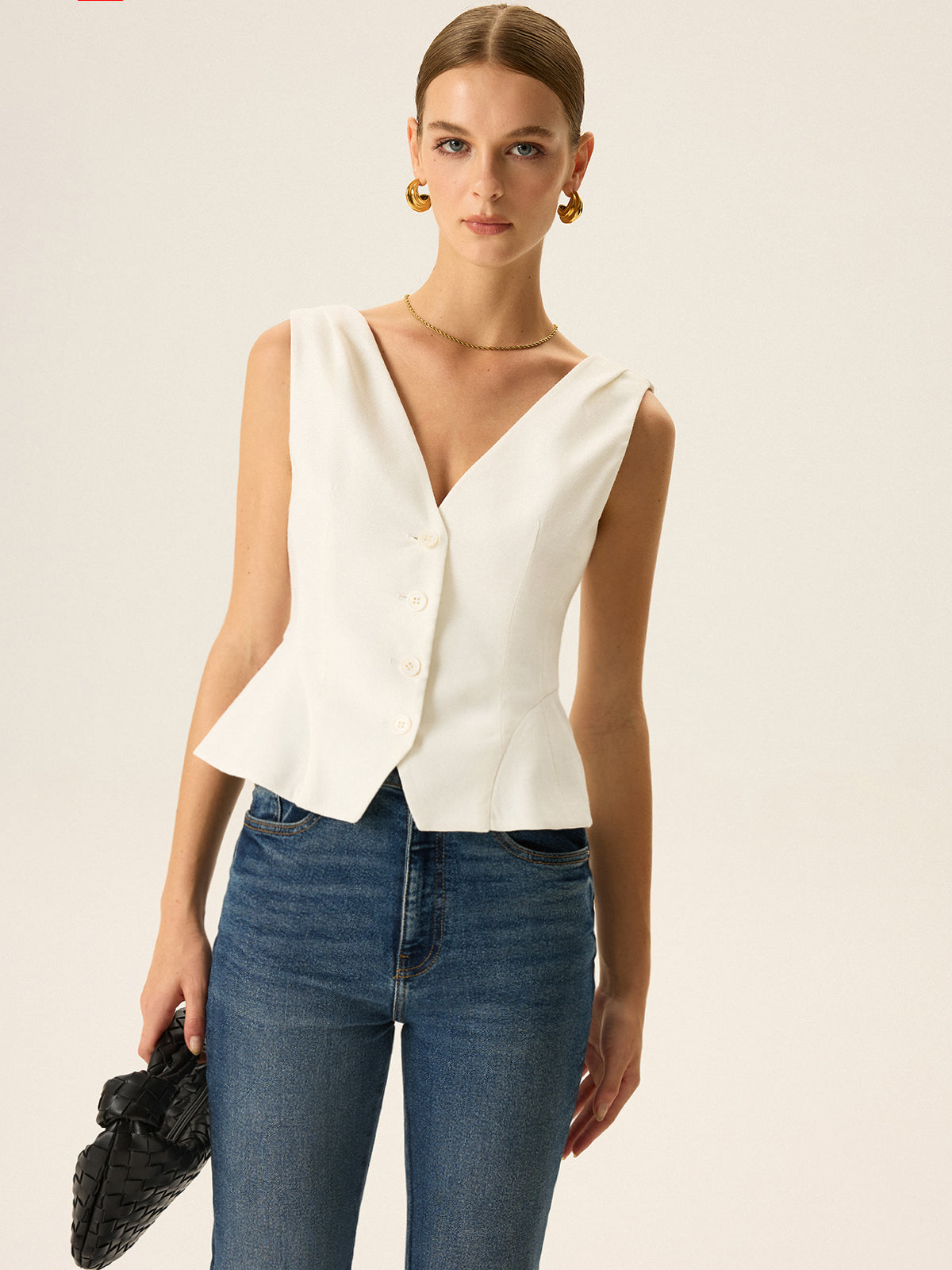 Button-Front Peplum Vest-Chicvia