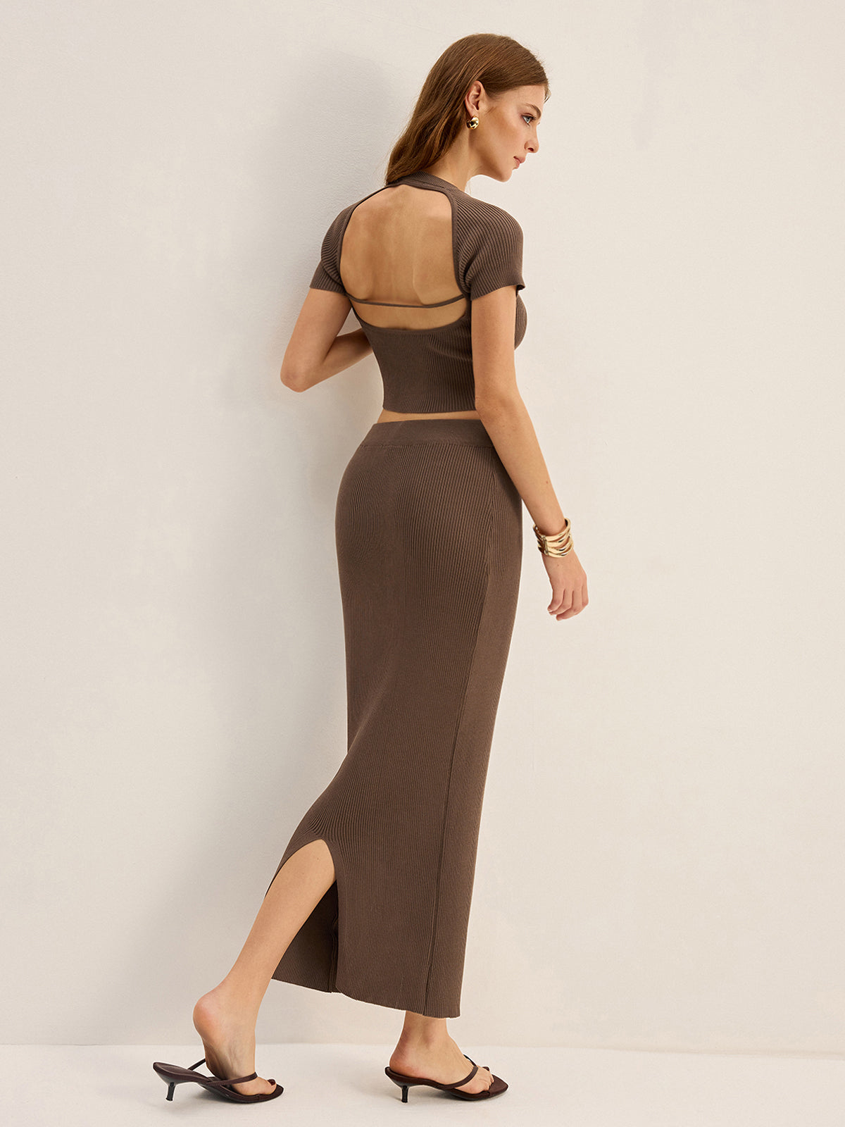 Knit Backless Short-Sleeve Top and Slit Midi Skirt Set-Chicvia