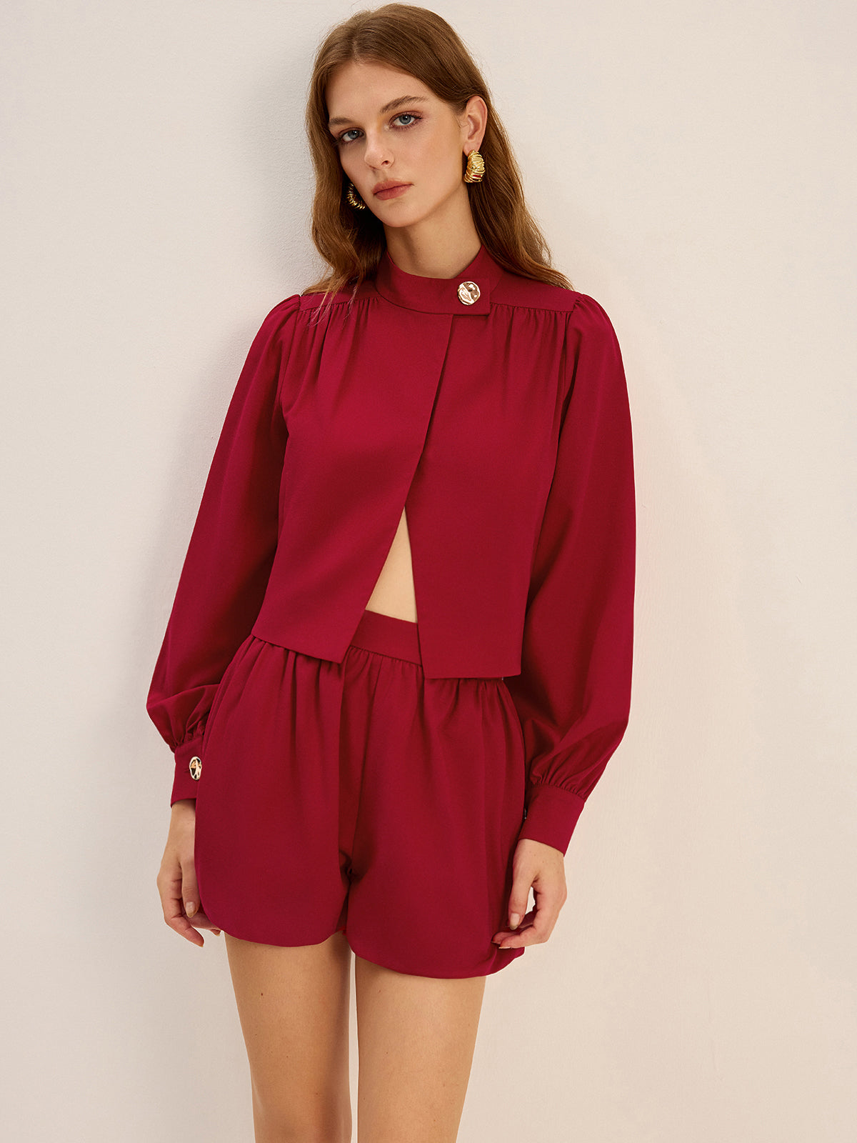 Metal Button Asymmetric Long-Sleeve Top-Chicvia