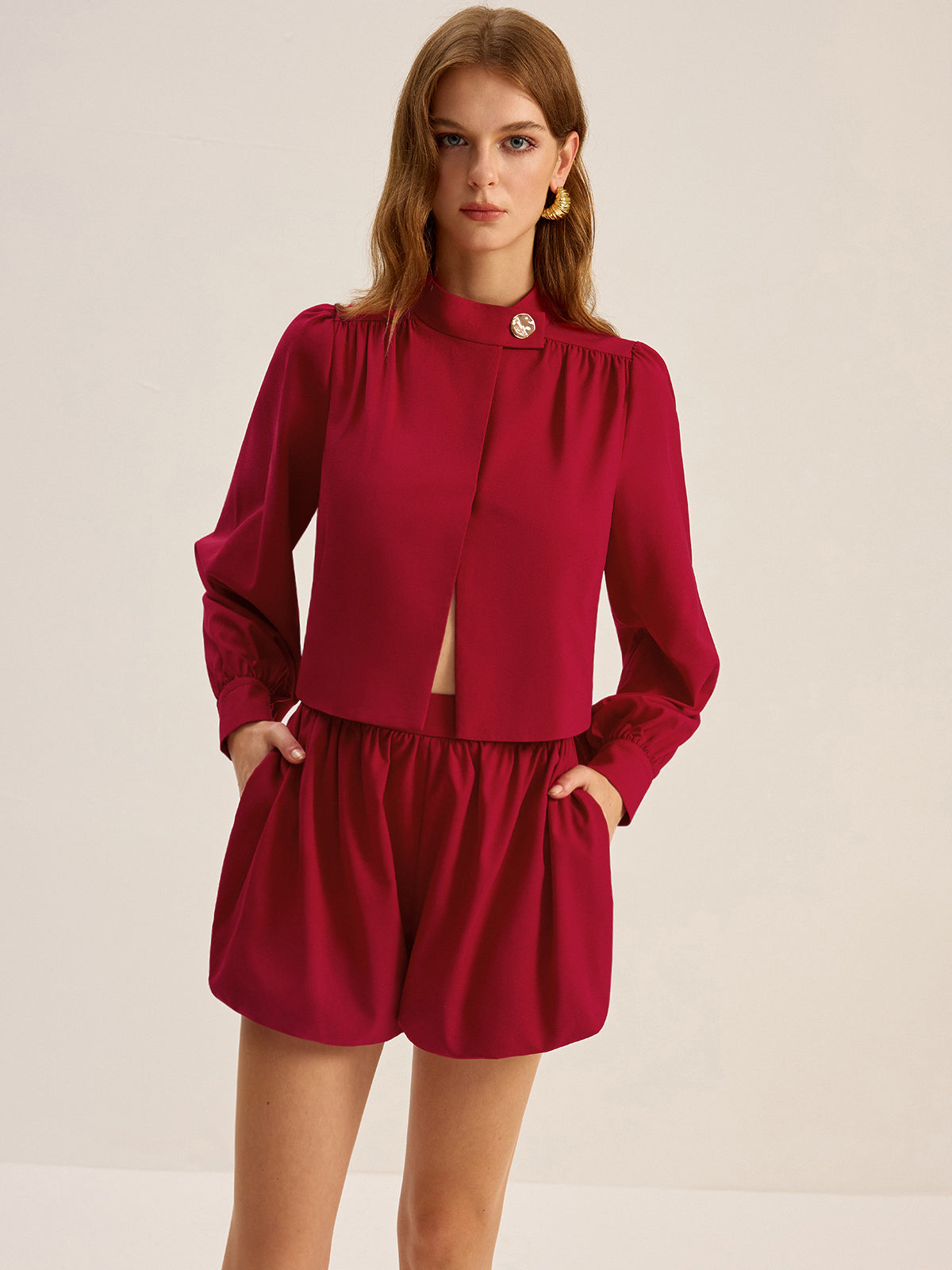 Mid-Waist Puff Shorts-Chicvia