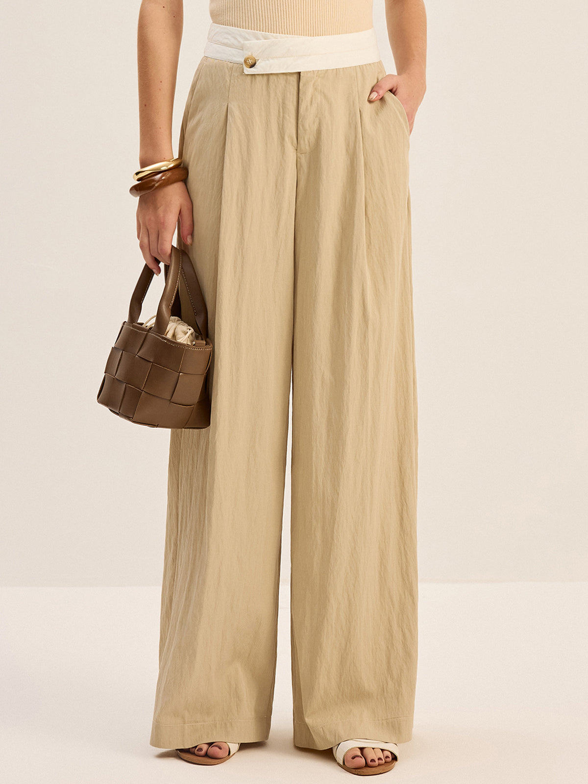Contrast Waistband Wide-Leg Pants-Chicvia