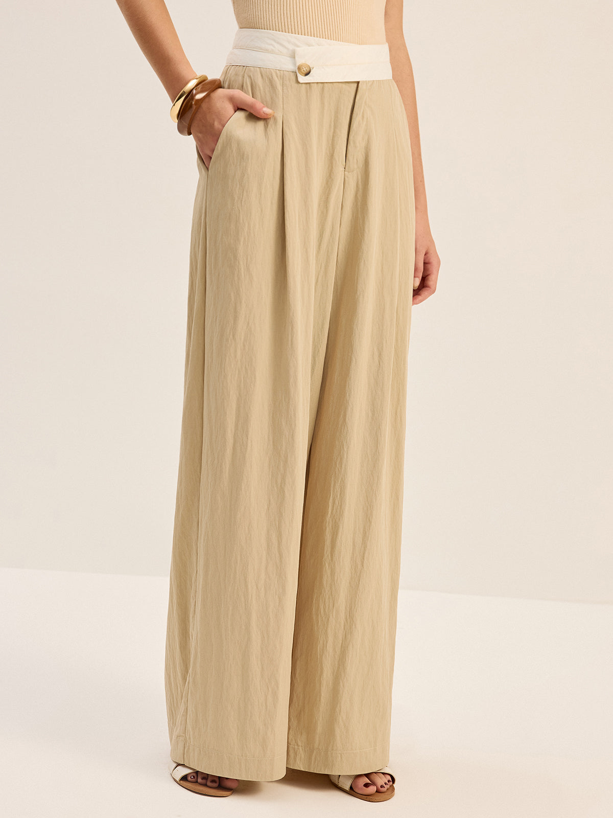 Contrast Waistband Wide-Leg Pants-Chicvia