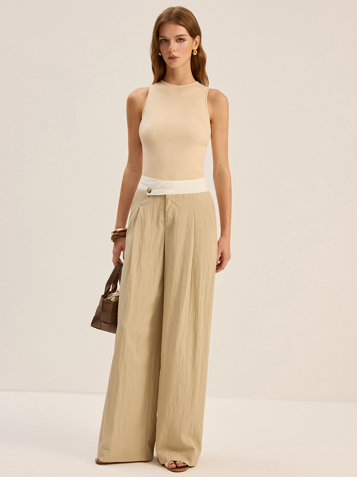 Contrast Waistband Wide-Leg Pants-Chicvia