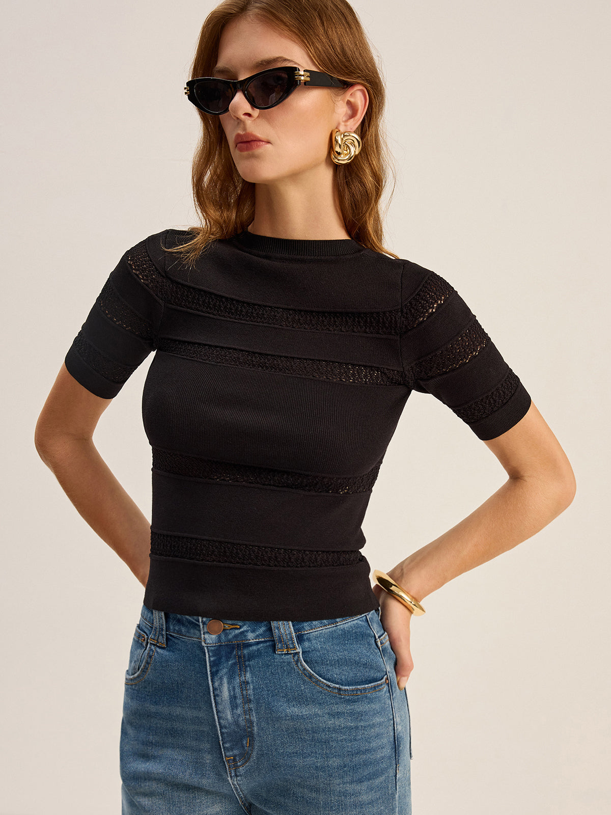 Crochet Detail Knit Top-Chicvia