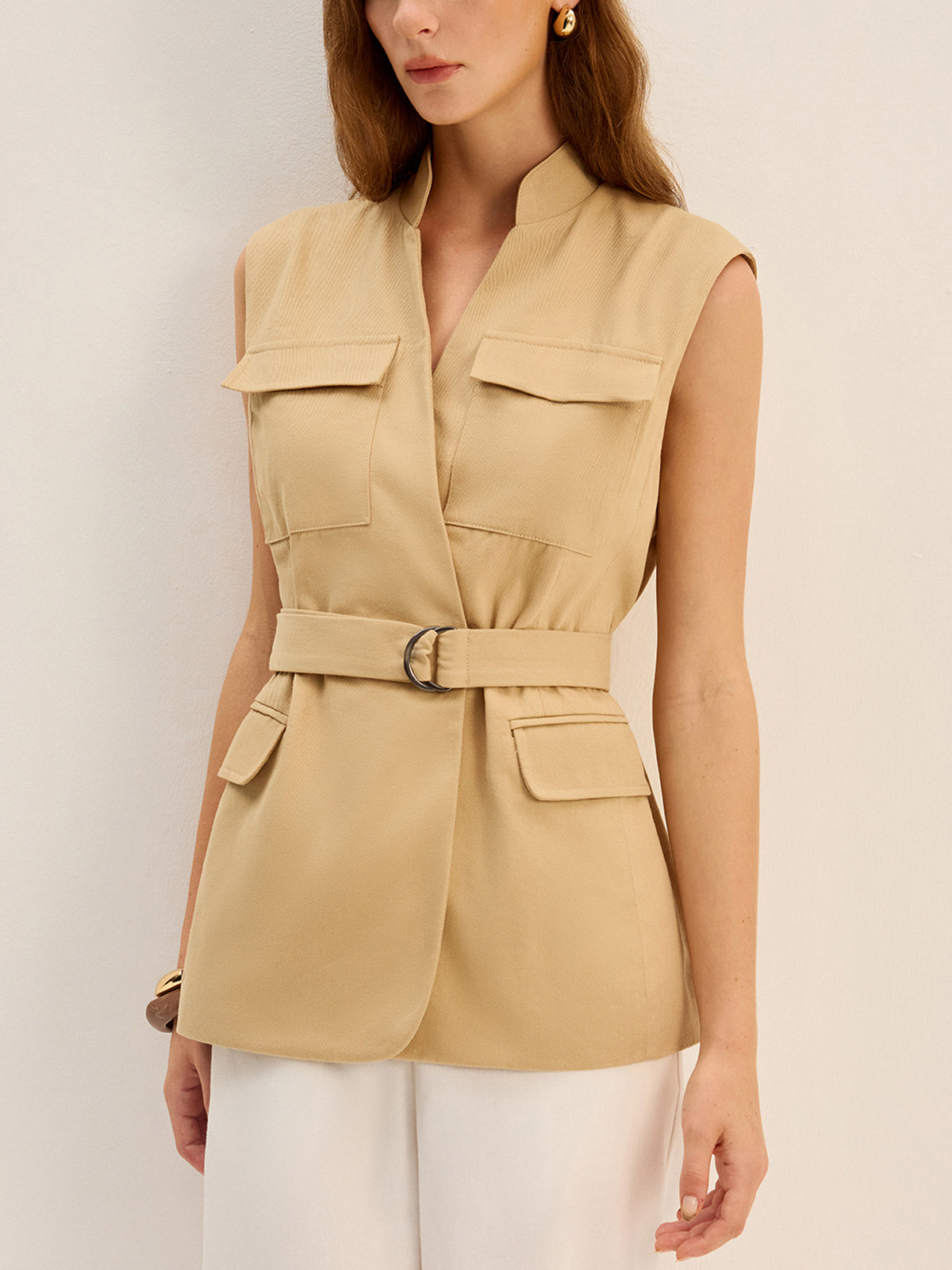 Belted Sleeveless Cargo Vest-Chicvia