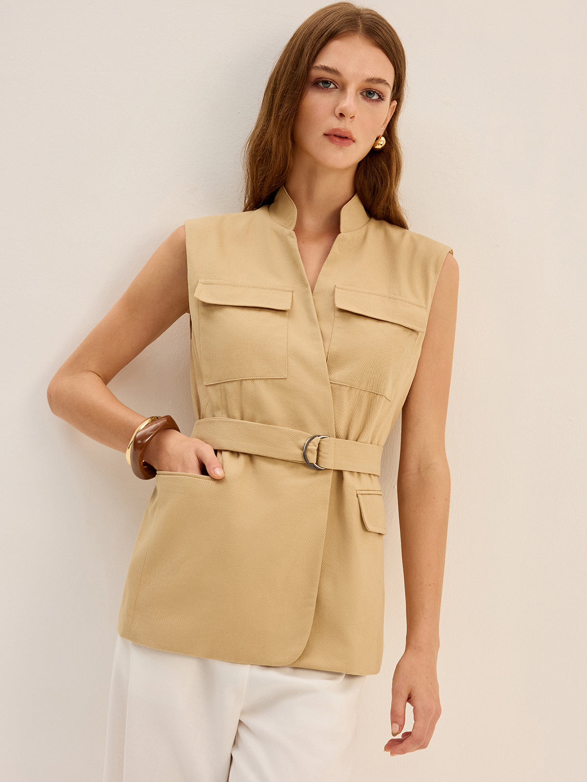 Belted Sleeveless Cargo Vest-Chicvia