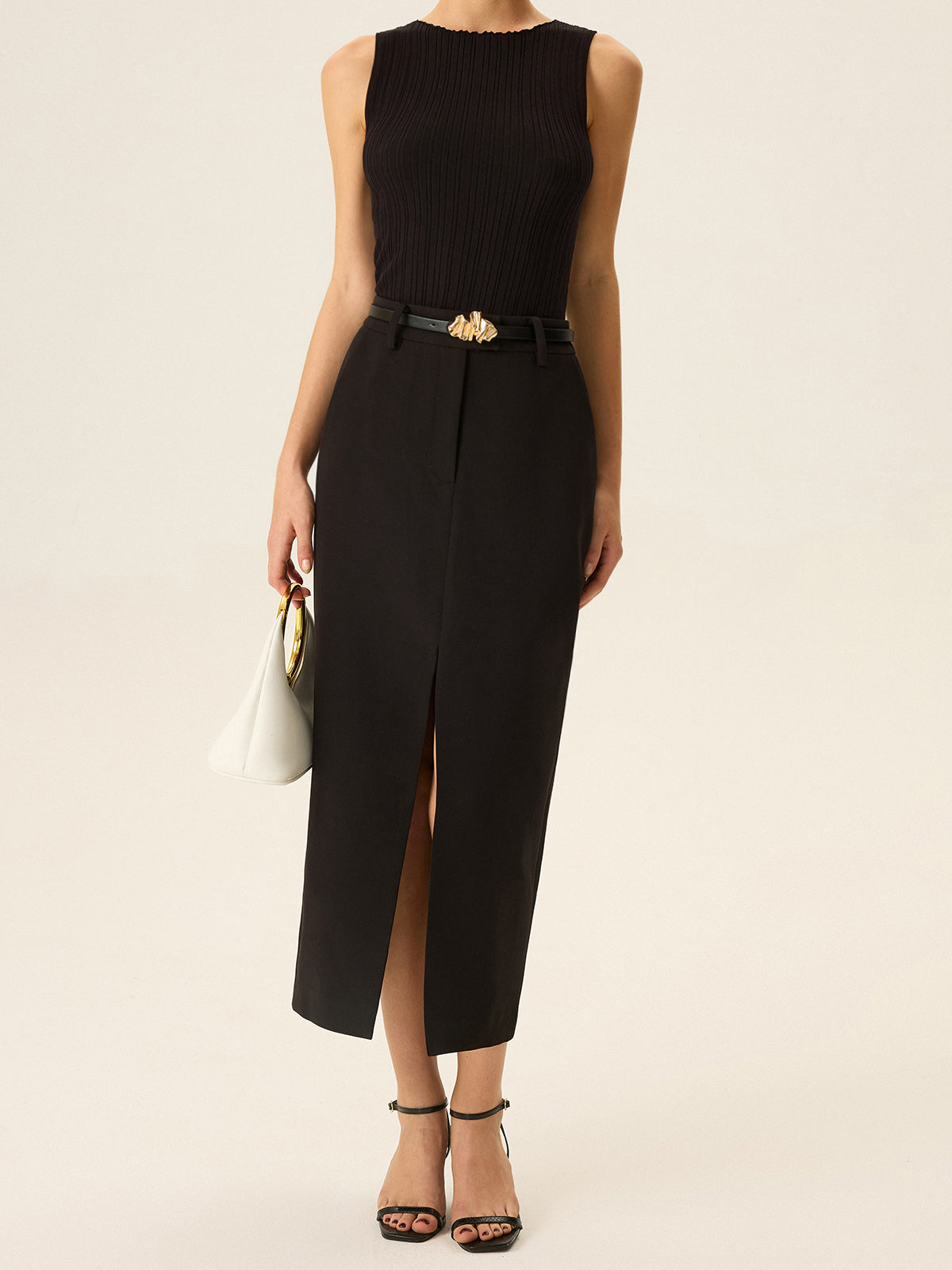 Belted Pocket Slit Midi Skirt-Chicvia
