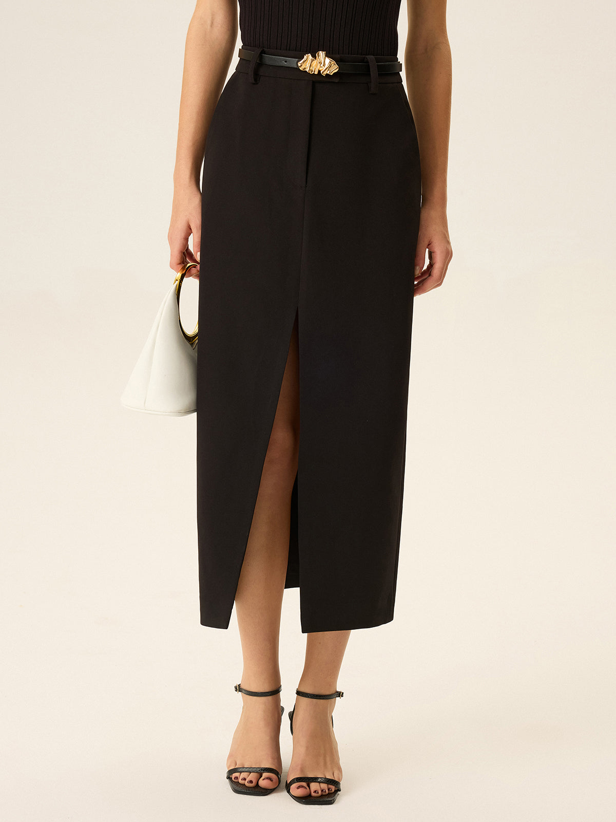 Belted Pocket Slit Midi Skirt-Chicvia