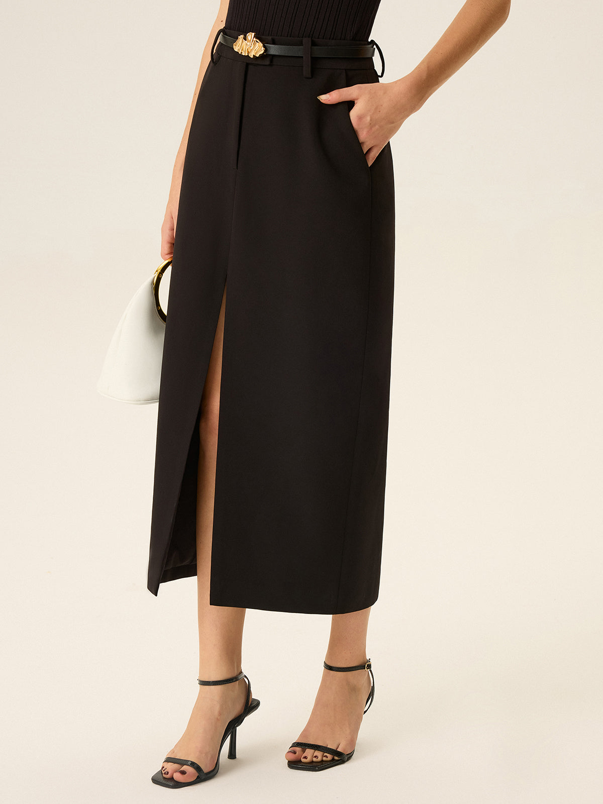 Belted Pocket Slit Midi Skirt-Chicvia