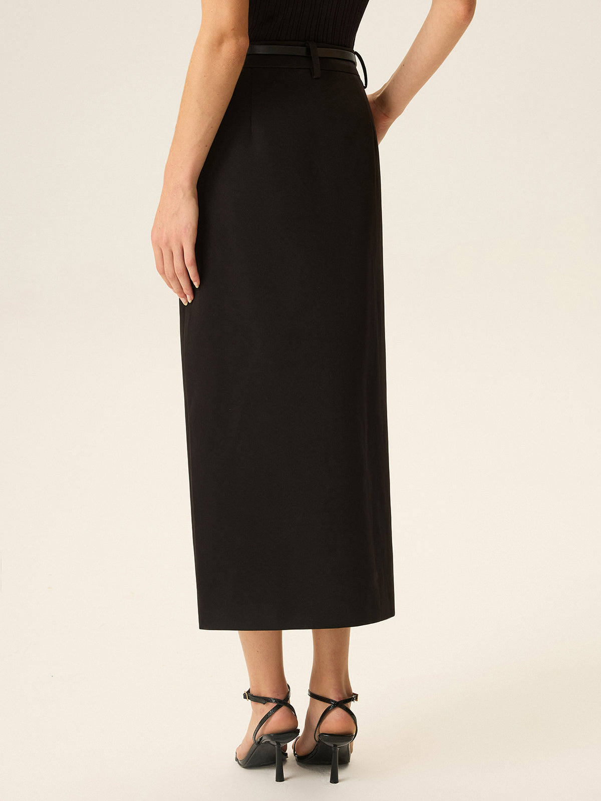 Belted Pocket Slit Midi Skirt-Chicvia